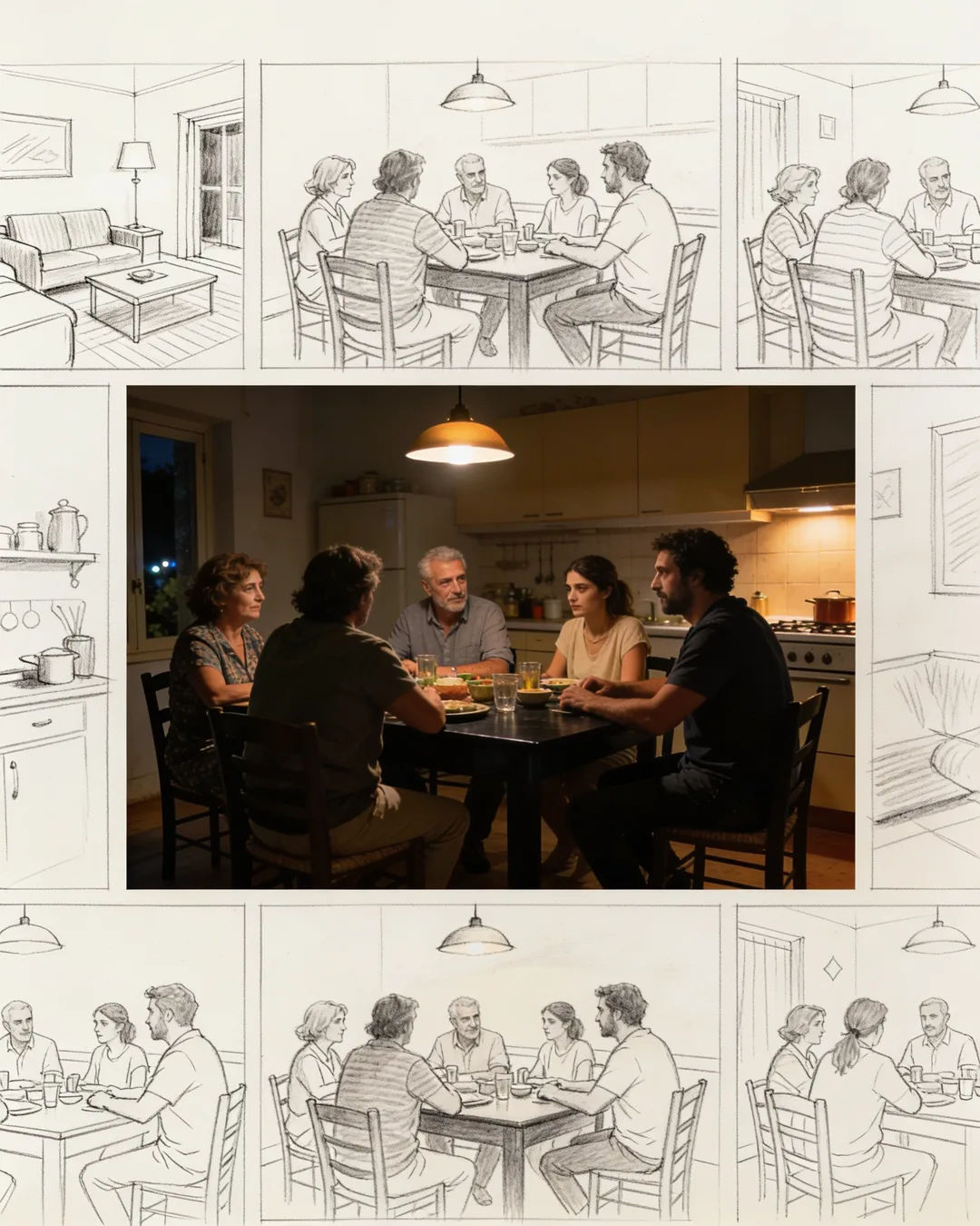 Pencil storyboard sketches around a finished photo of a family at a kitchen table