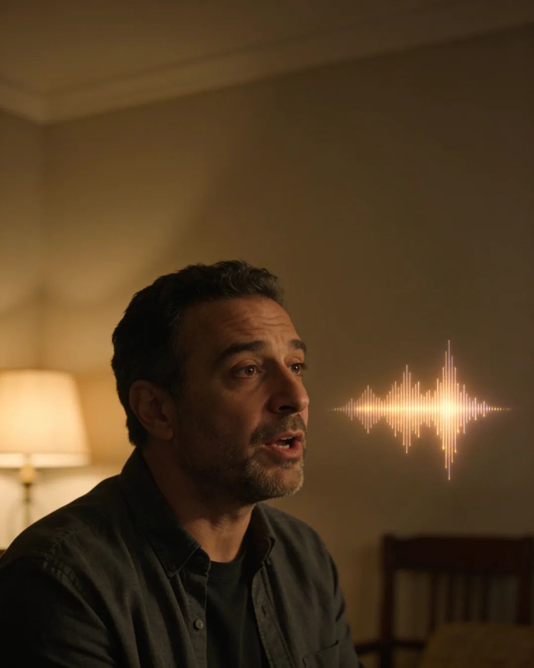 An Israeli man speaking at home at night, a sound waveform beside him
