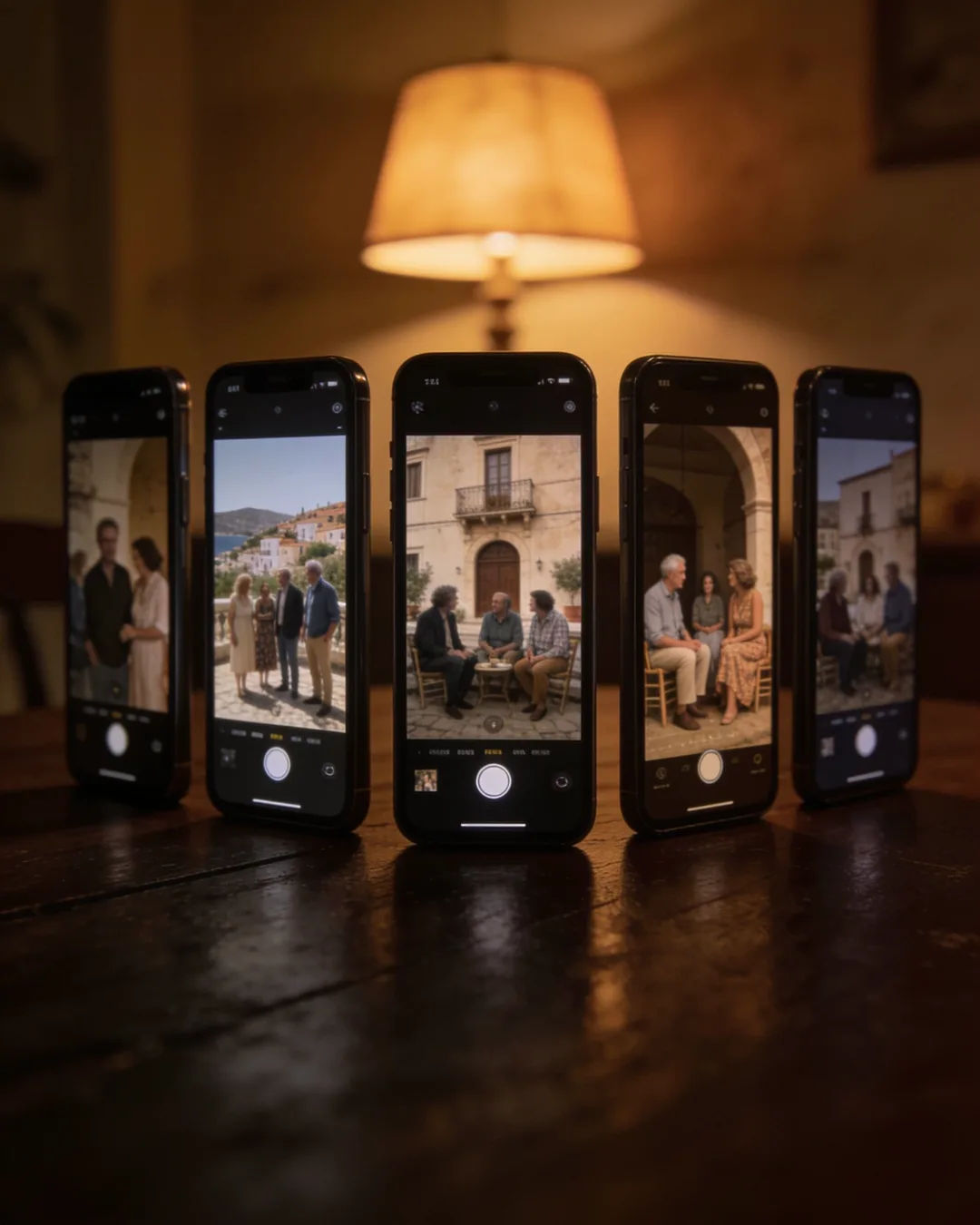 A row of phones showing episodes of the same family drama series
