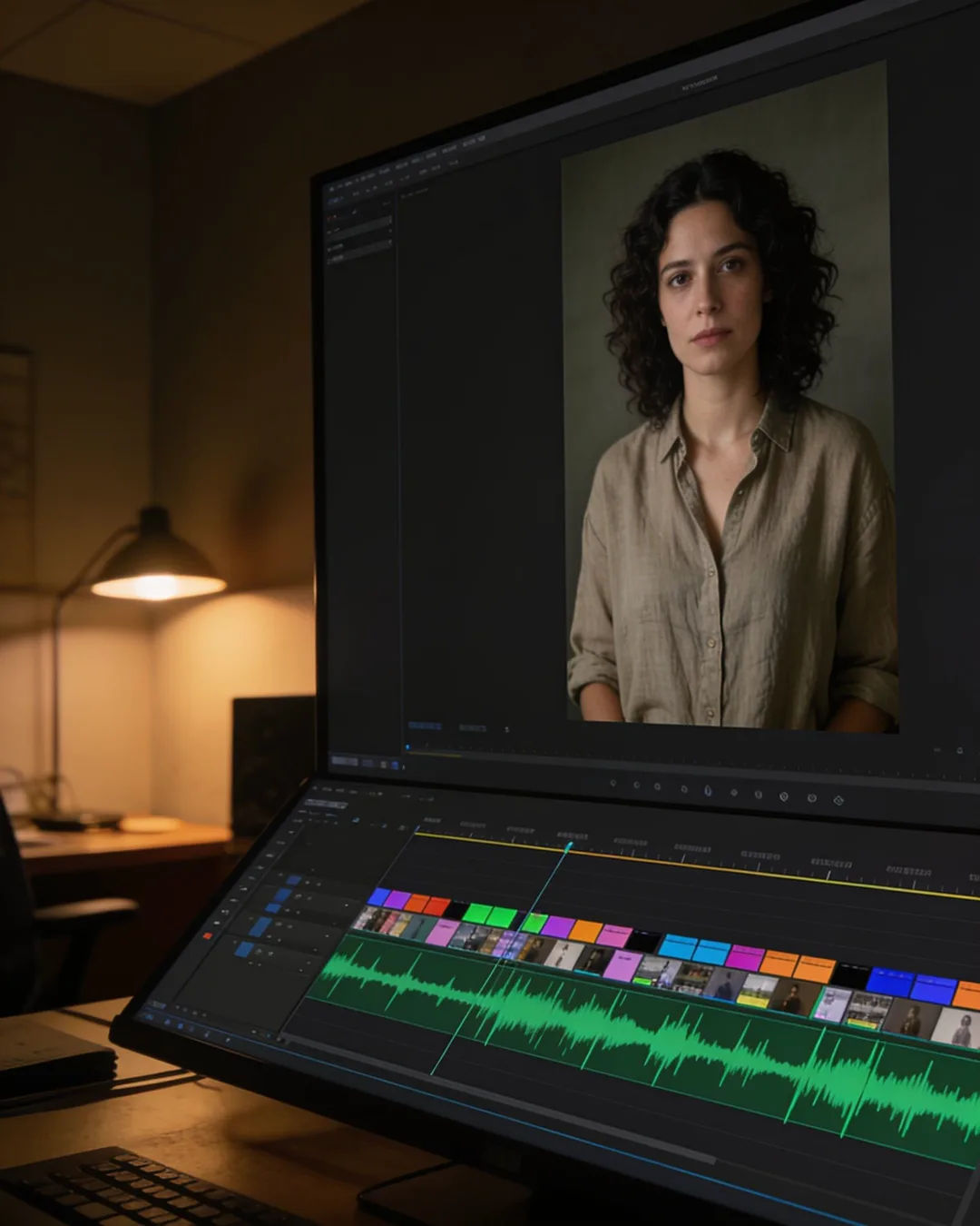 An editing suite with a vertical frame of a woman in a linen shirt above a timeline