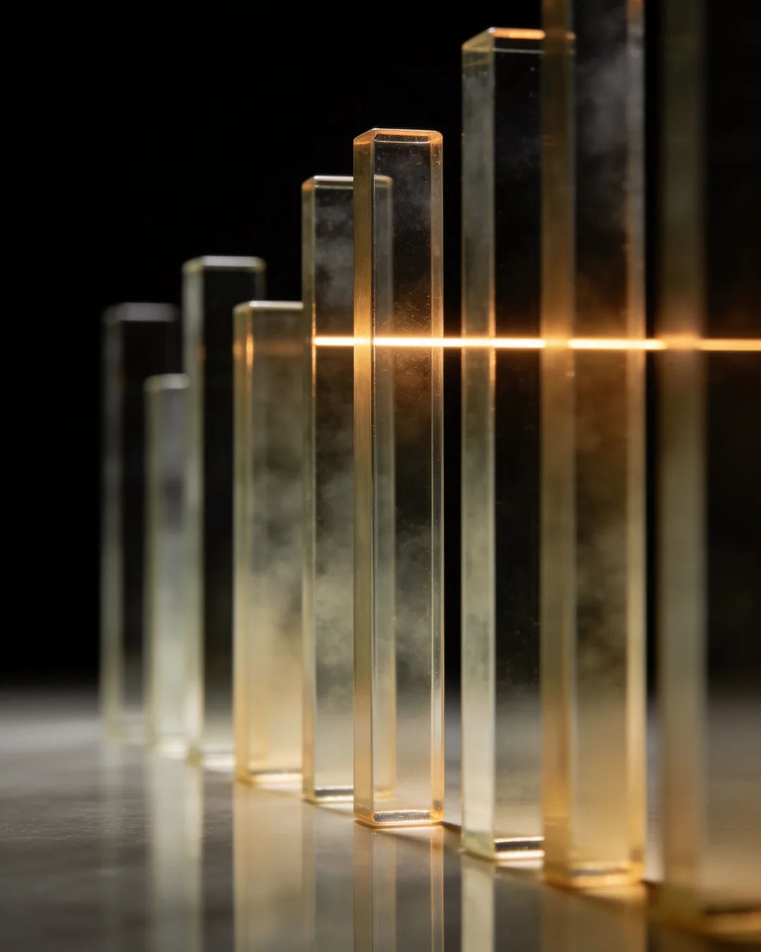 Glass columns of different heights with a glowing limit line