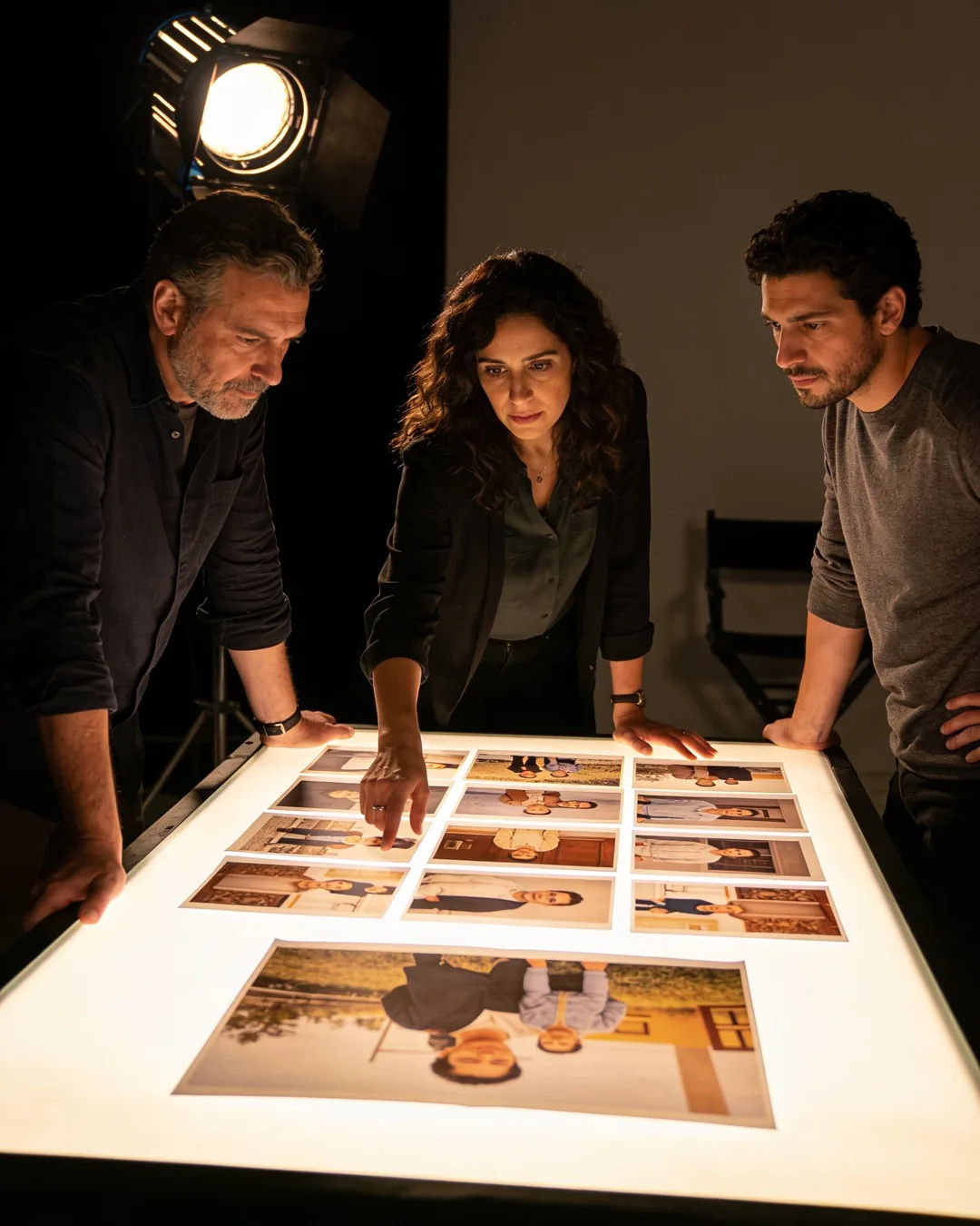 An Israeli production team reviewing printed frames on a lit table