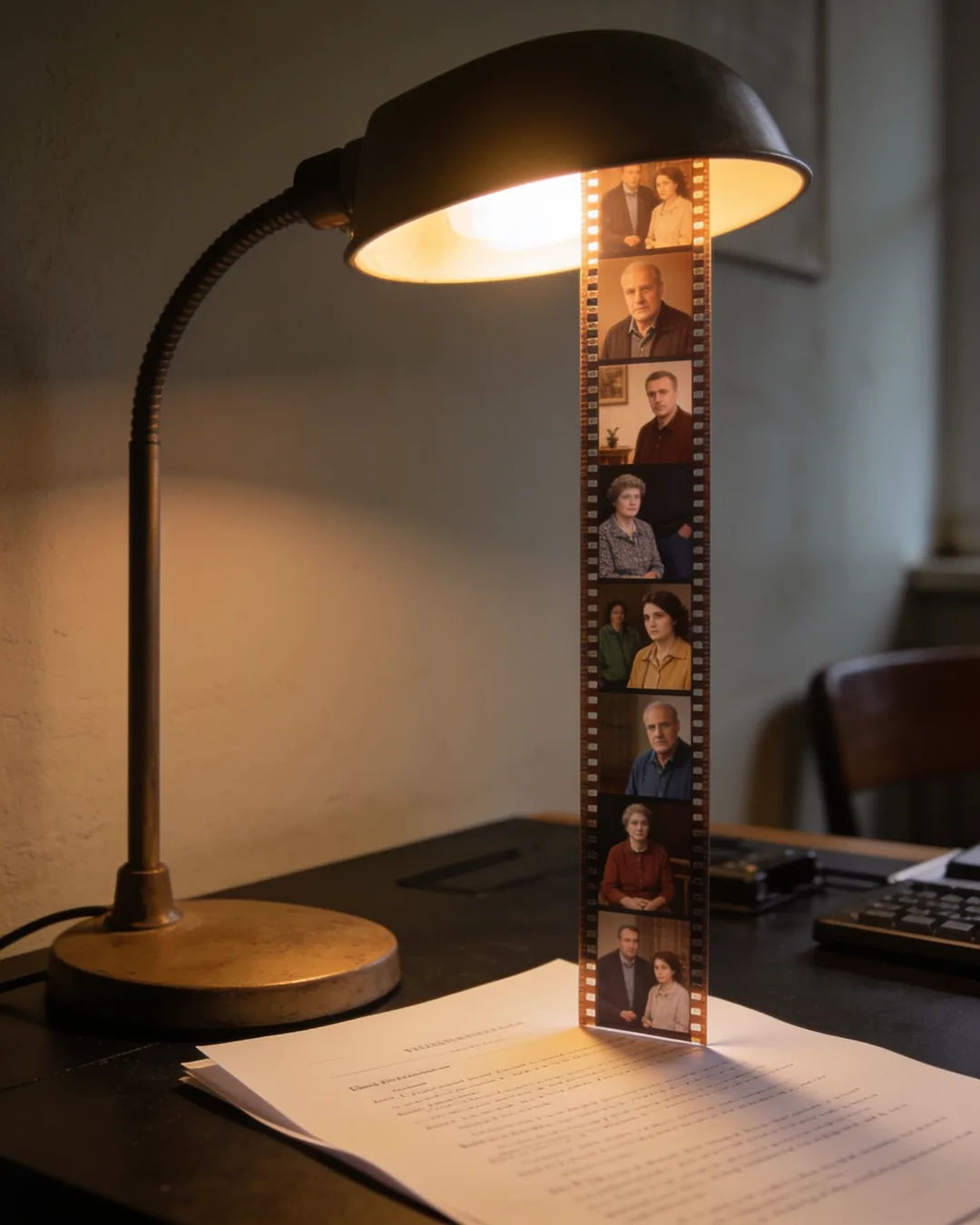 A screenplay page under a desk lamp beside a strip of film frames from a Hungarian family drama