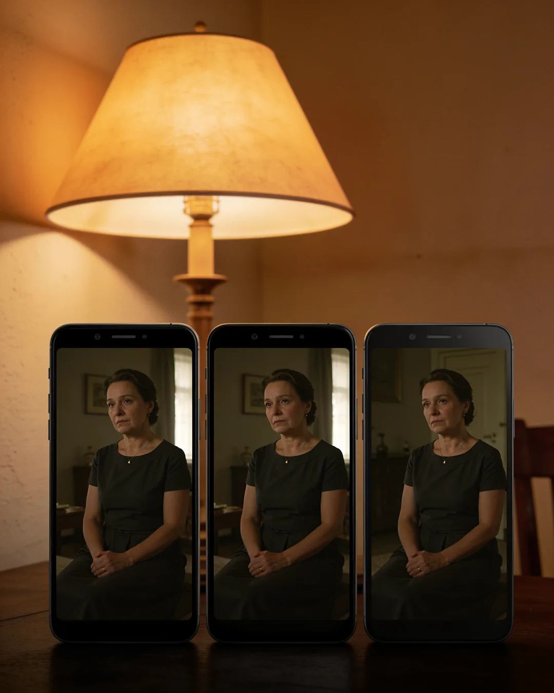 The same Hungarian woman in a simple dark dress on three vertical phone screens