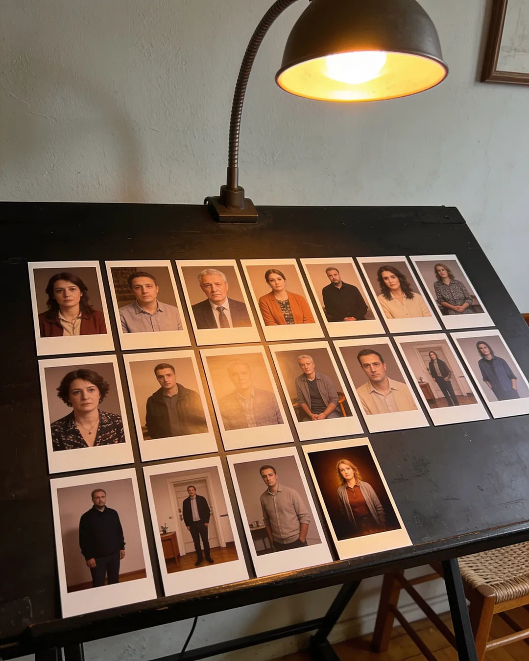 Storyboard cards of a Hungarian family drama laid out on a production table