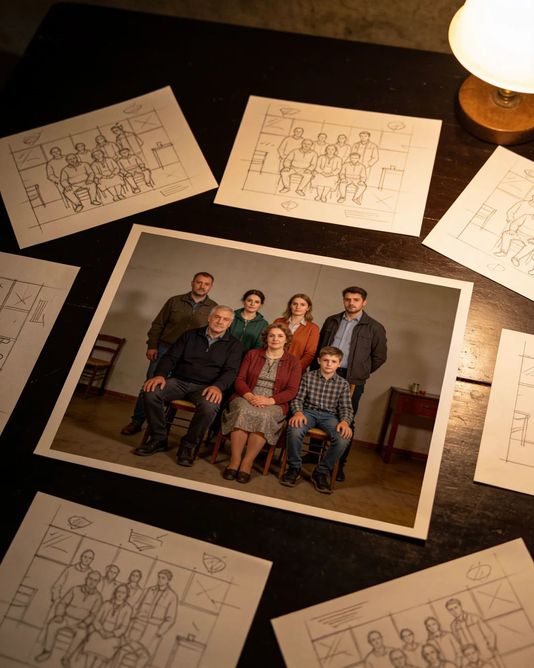 Pencil storyboard sketches around a finished photo of a Hungarian family scene