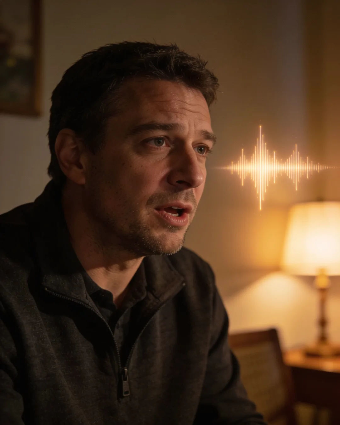 A Hungarian man speaking at home at night, a sound waveform beside him