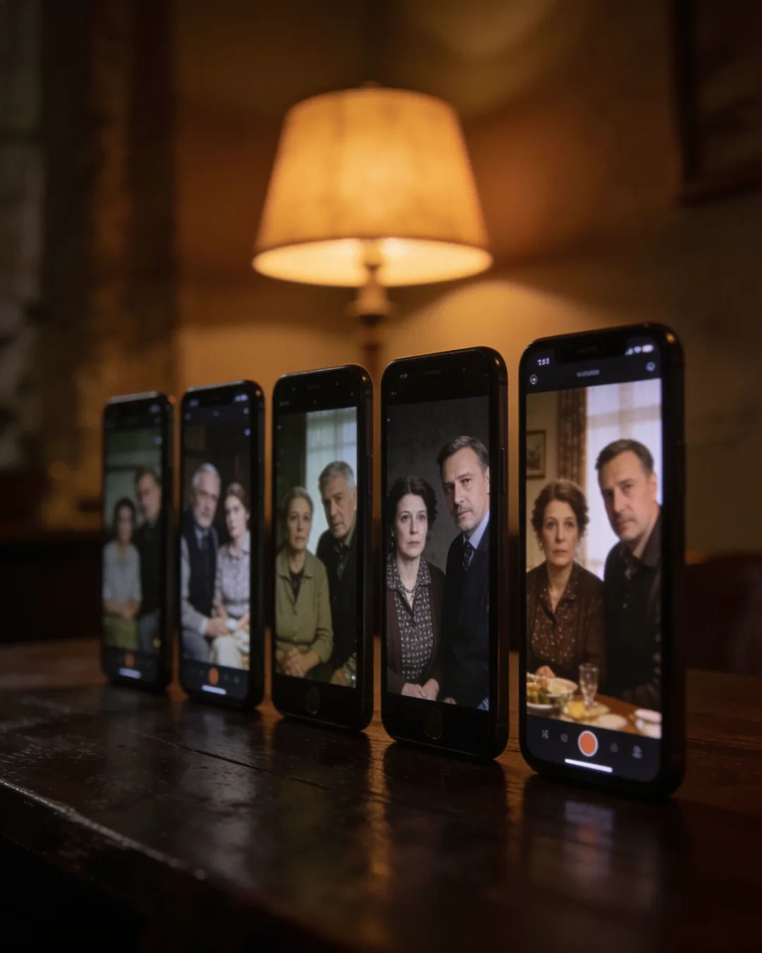 A row of phones showing episodes of the same Hungarian drama series