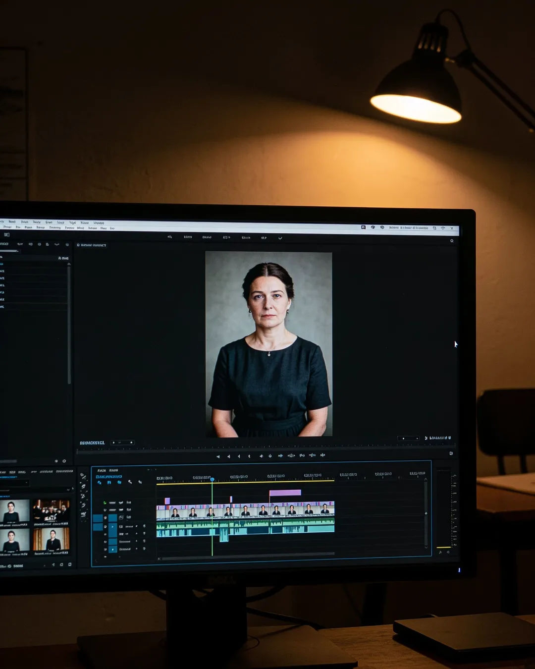 An editing suite with a vertical frame of a Hungarian woman in a simple dark dress above a timeline