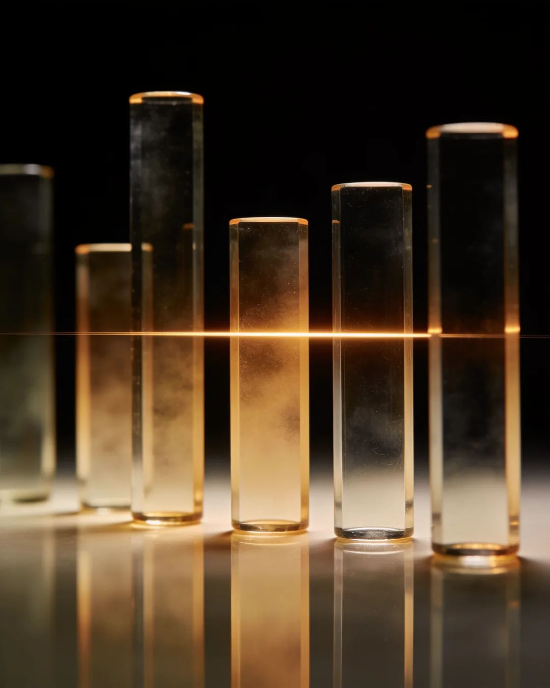 Glass columns of different heights with a glowing limit line