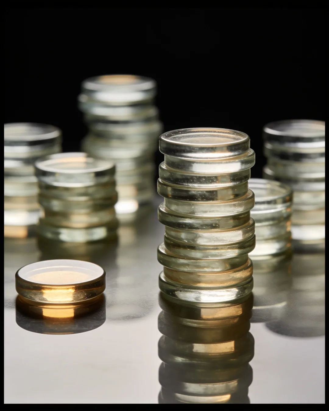 Stacks of glass tokens rising on a black ground