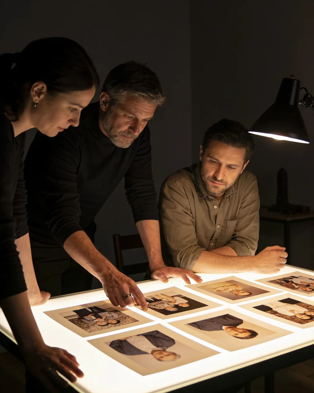 A Hungarian production team reviewing printed frames on a lit table