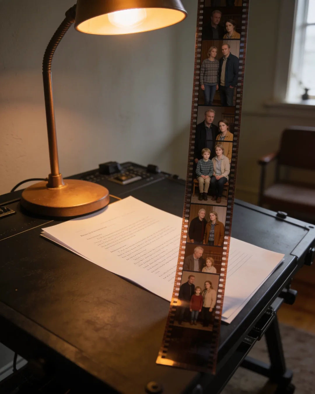 A screenplay page under a desk lamp beside a strip of film frames from a family drama