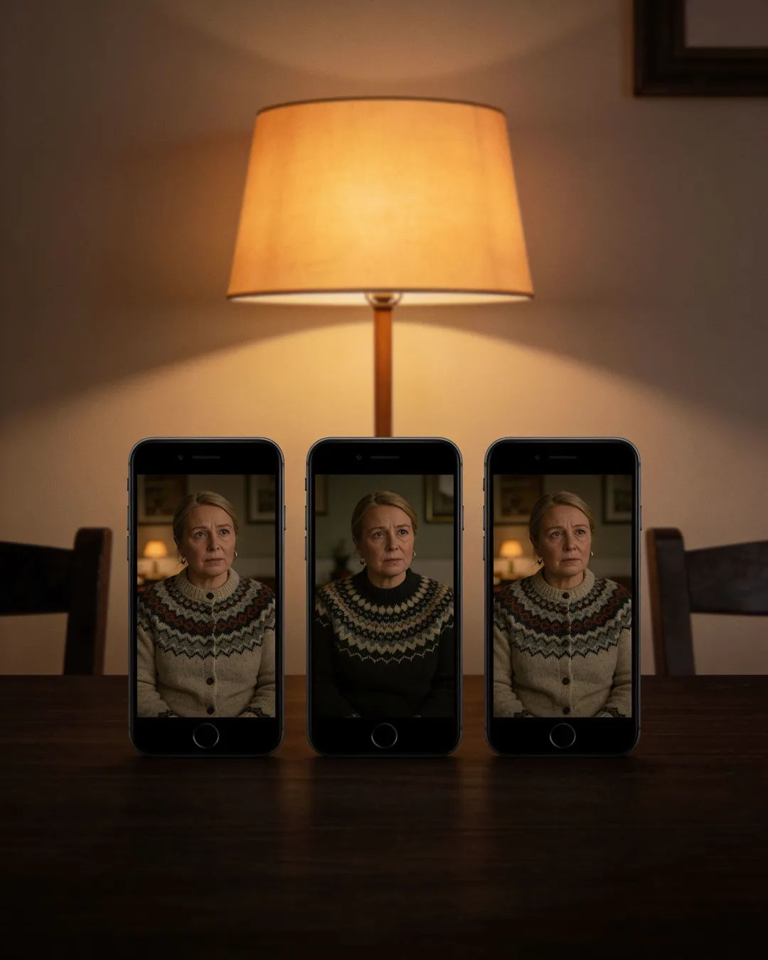 The same Icelandic woman in a patterned wool sweater on three vertical phone screens