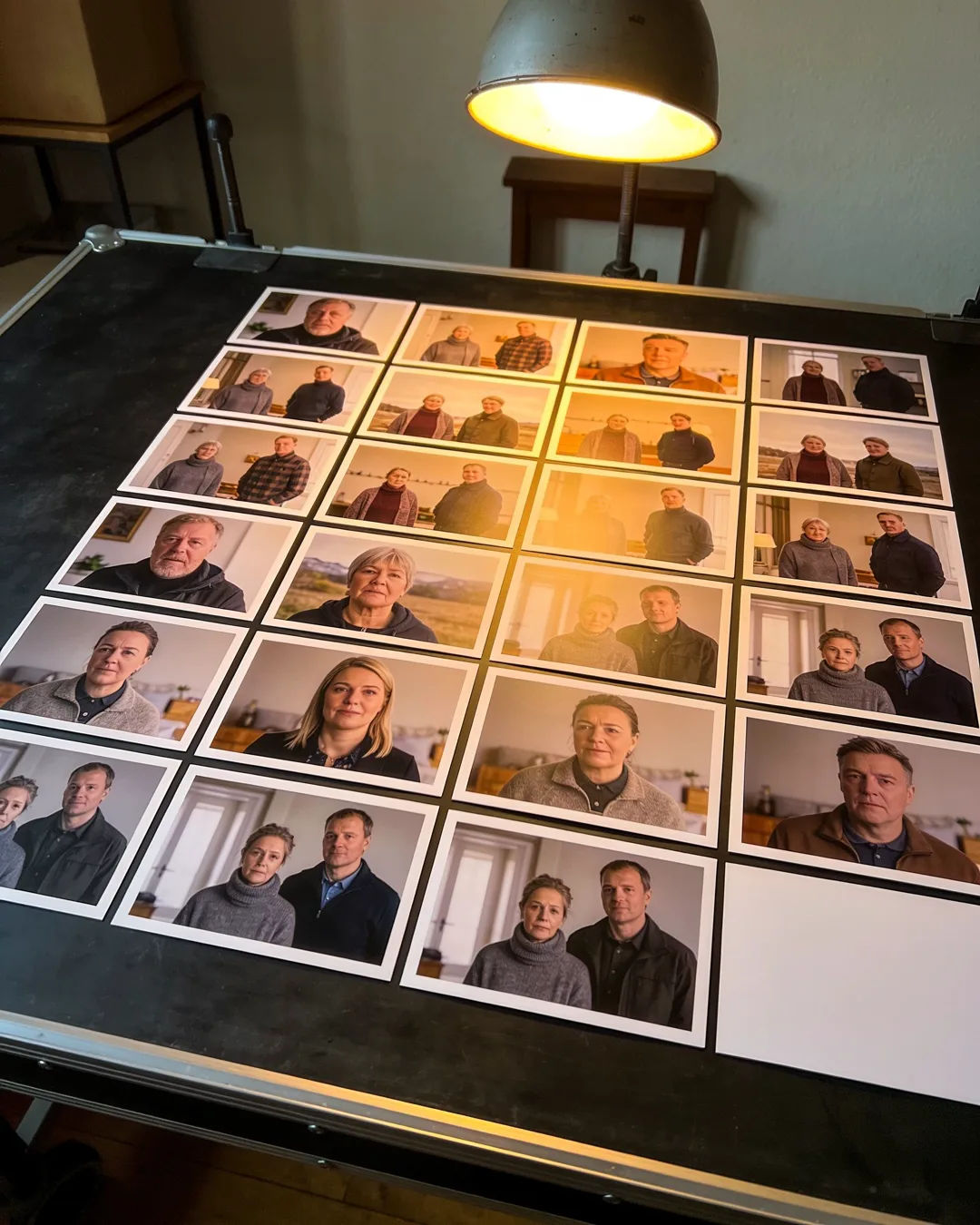 Storyboard cards of an Icelandic family drama laid out on a production table