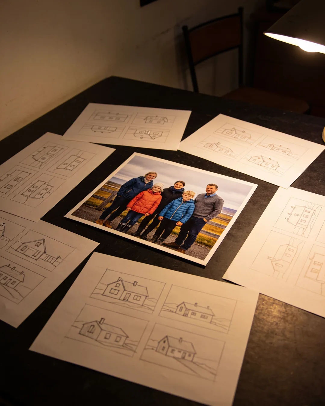 Pencil storyboard sketches around a finished photo of an Icelandic family scene