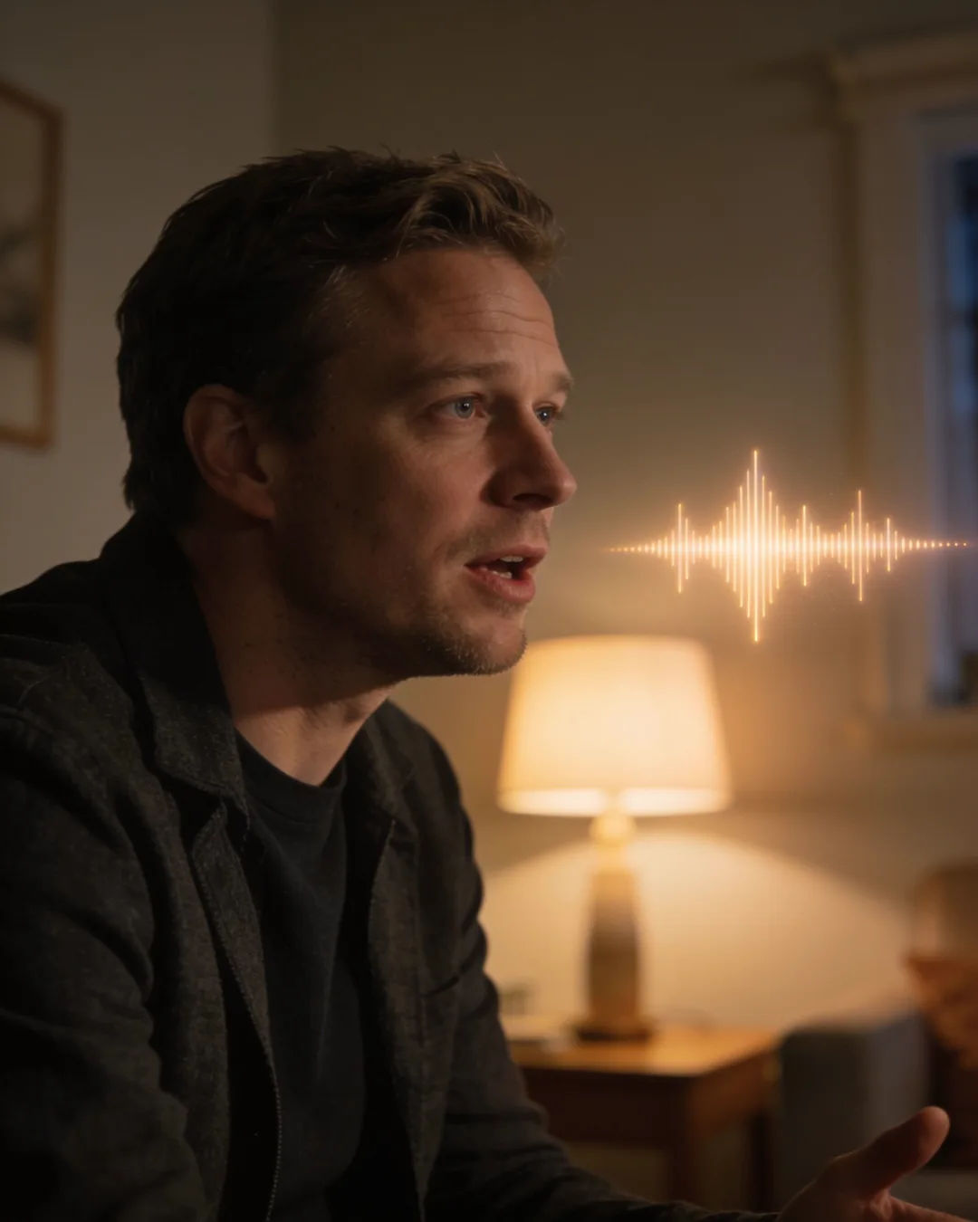 An Icelandic man speaking at home at night, a sound waveform beside him