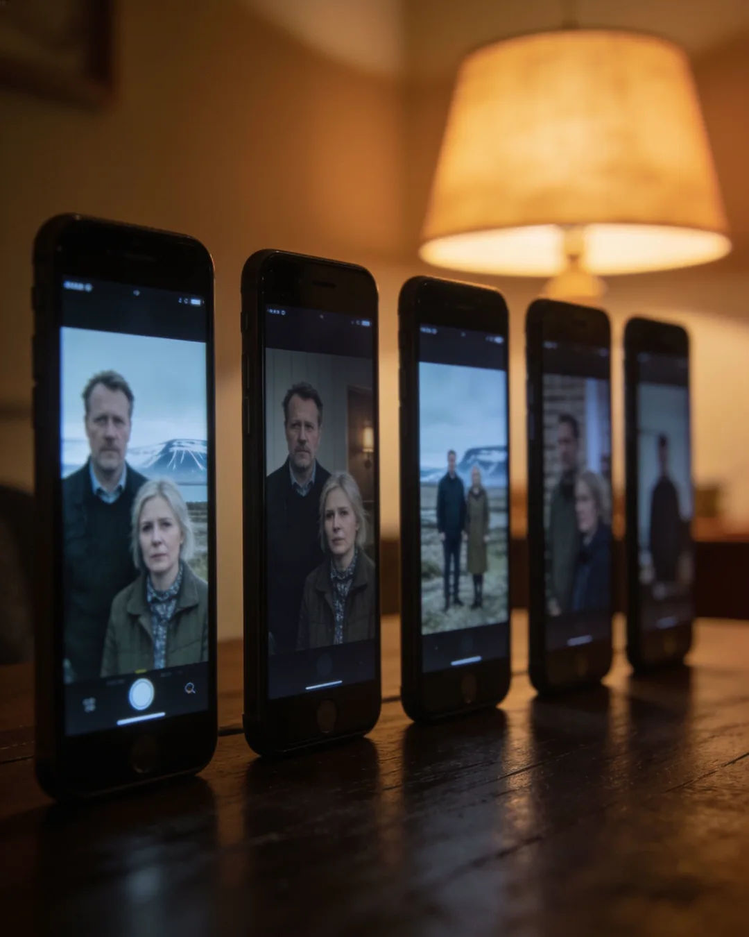 A row of phones showing episodes of the same Icelandic drama series