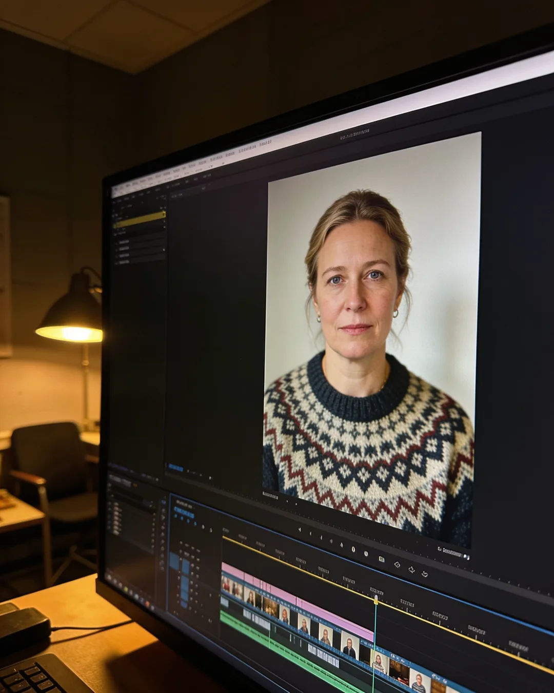 An editing suite with a vertical frame of an Icelandic woman in a patterned wool sweater above a timeline