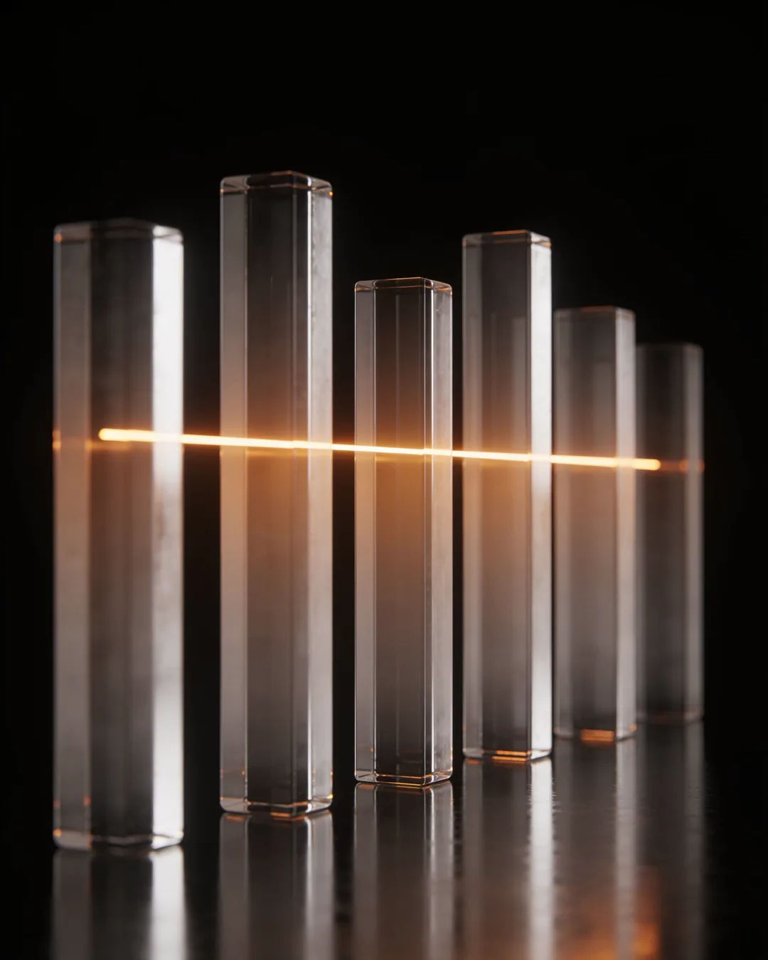 Glass columns of different heights with a glowing limit line