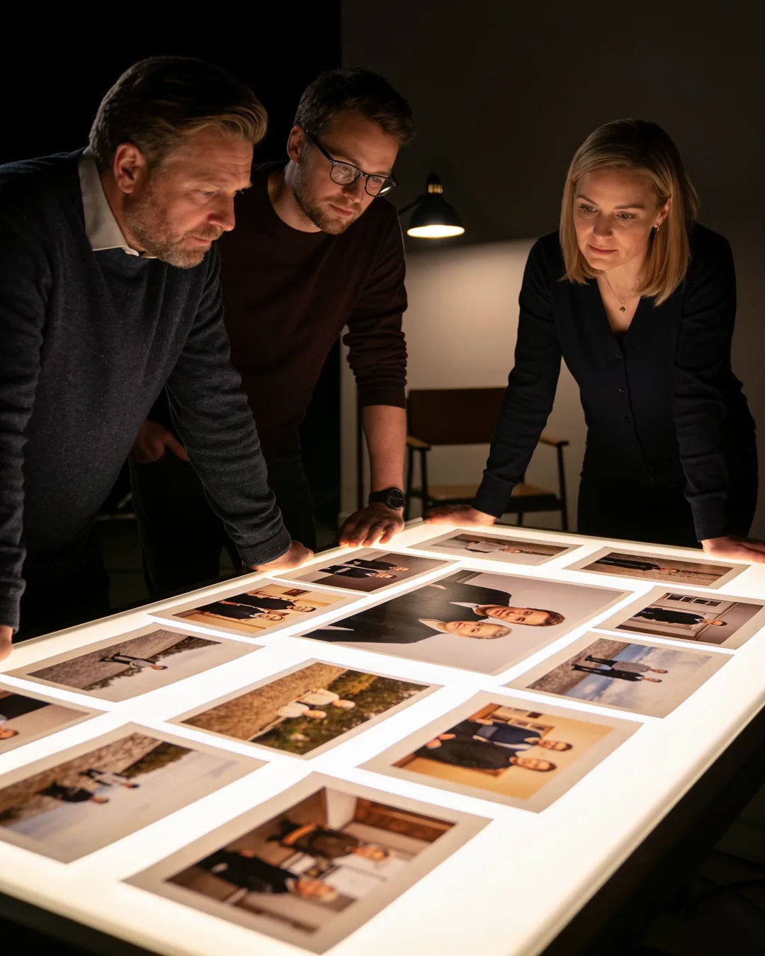 An Icelandic production team reviewing printed frames on a lit table