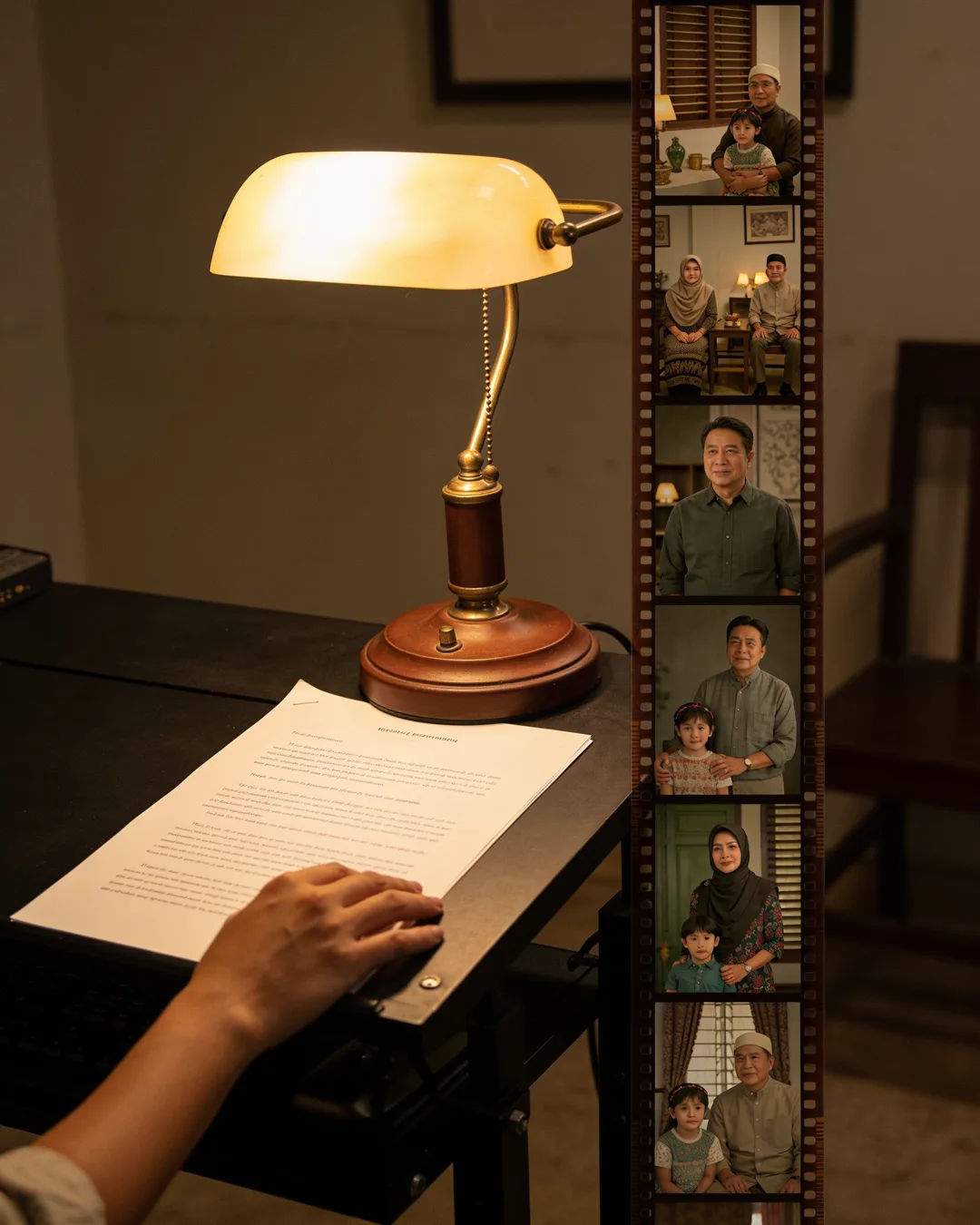 A screenplay page under a desk lamp beside a strip of film frames from a Javanese Indonesian family drama