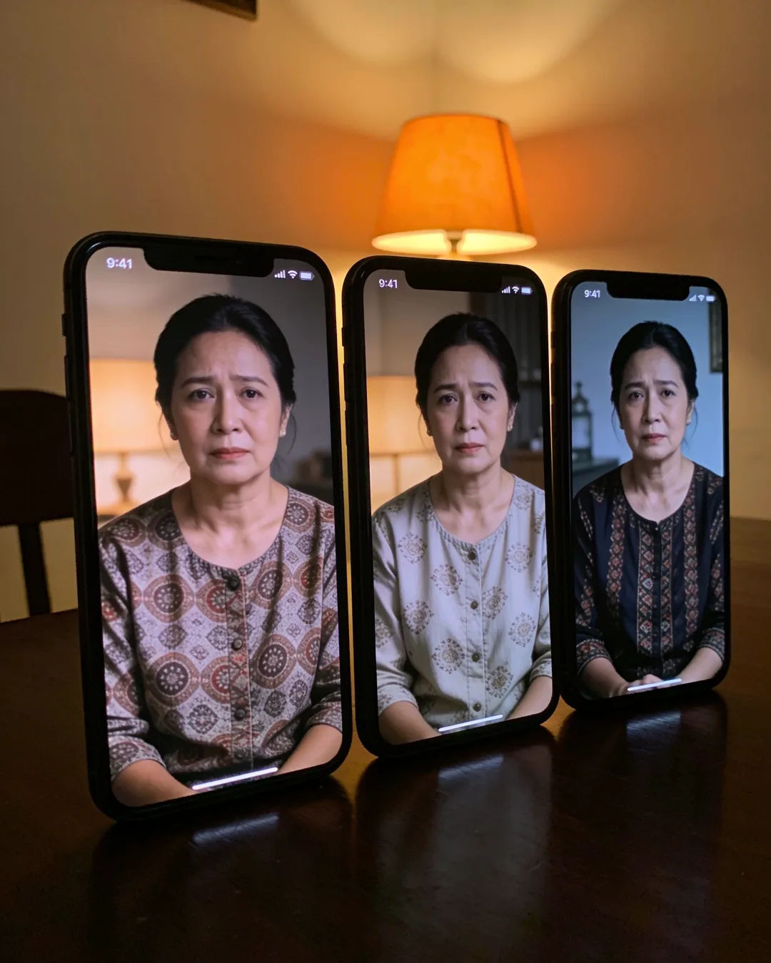 The same Javanese Indonesian woman in a simple batik blouse on three vertical phone screens