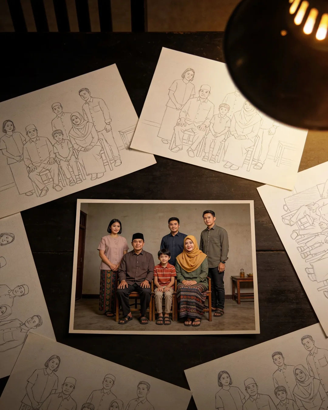 Pencil storyboard sketches around a finished photo of a Javanese Indonesian family scene