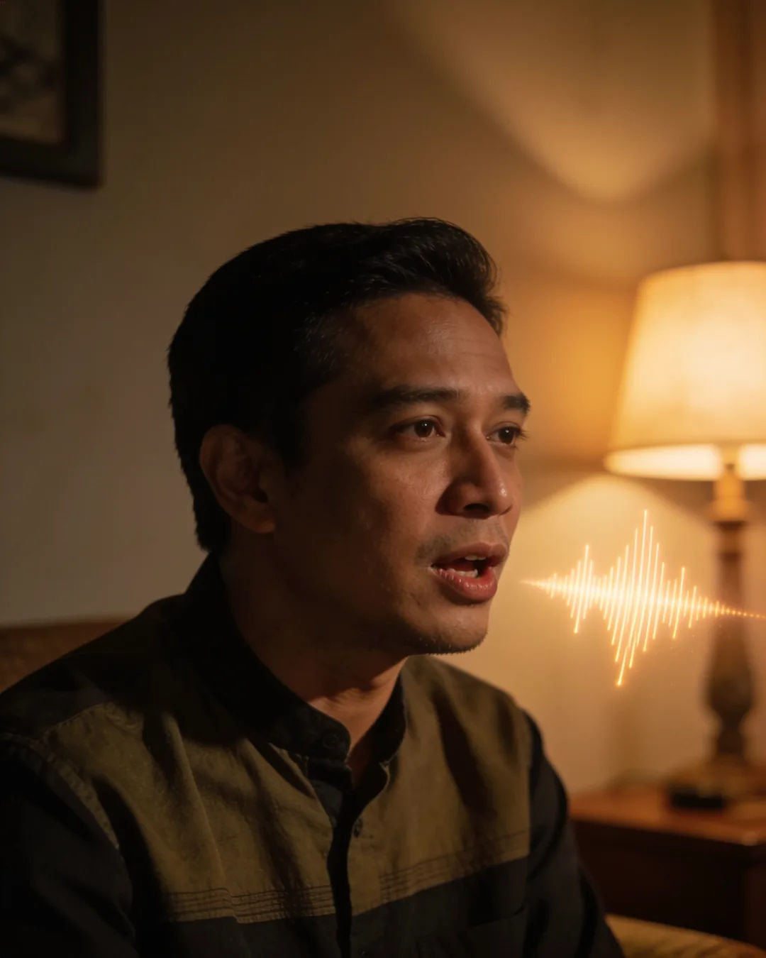 A Javanese Indonesian man speaking at home at night, a sound waveform beside him