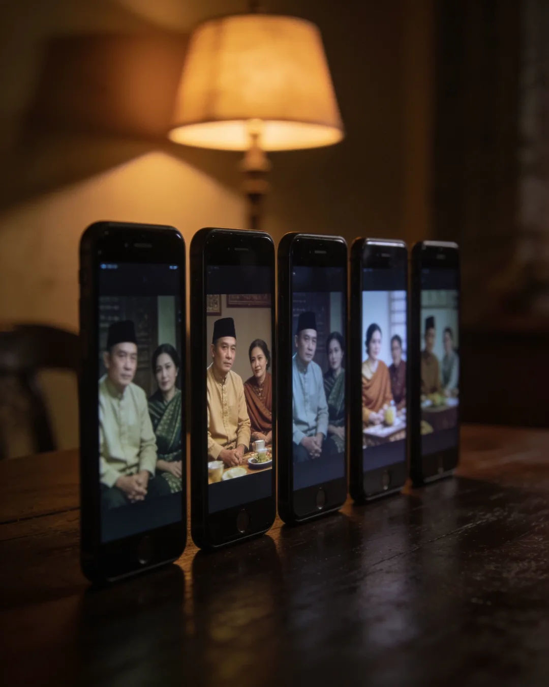 A row of phones showing episodes of the same Javanese Indonesian drama series