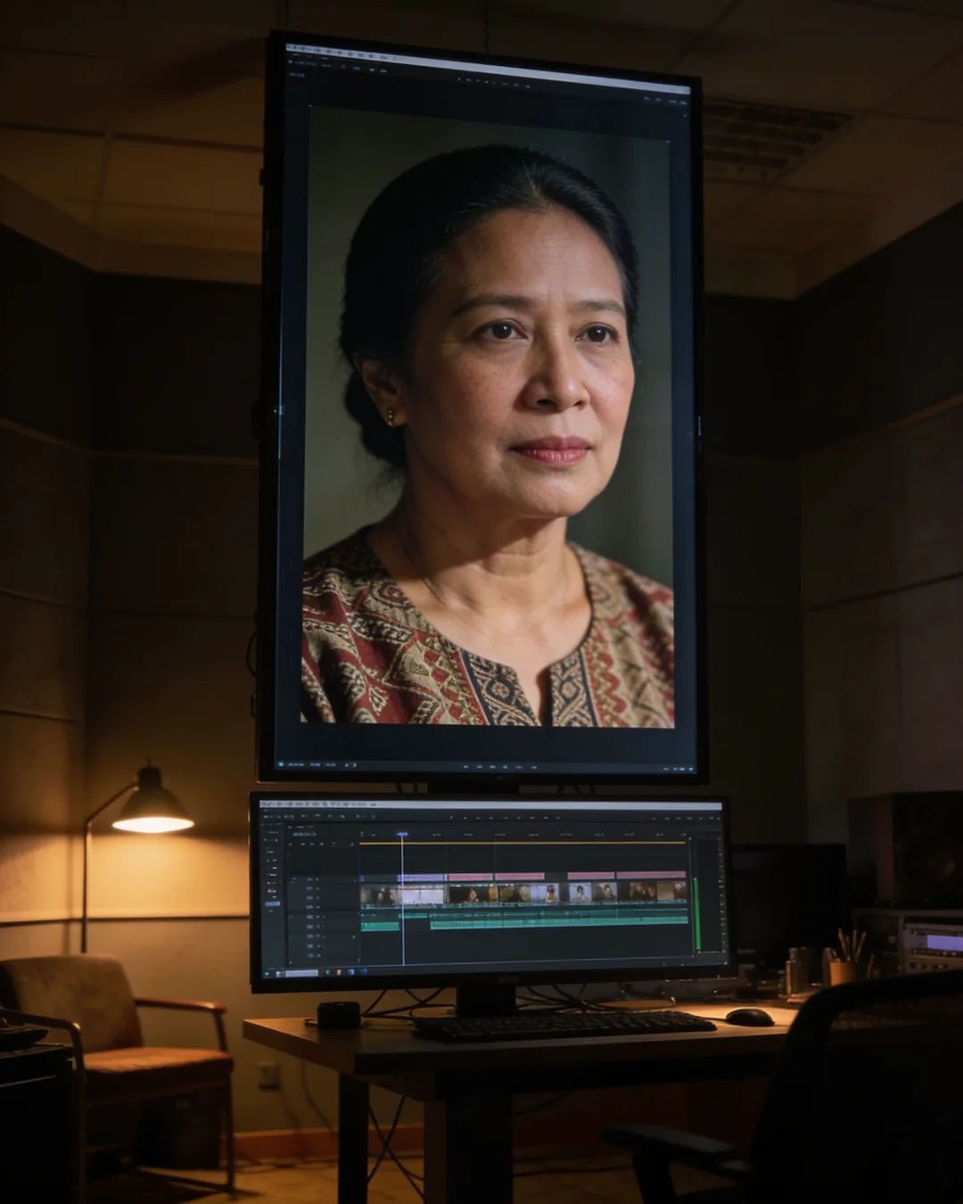 An editing suite with a vertical frame of a Javanese Indonesian woman in a simple batik blouse above a timeline
