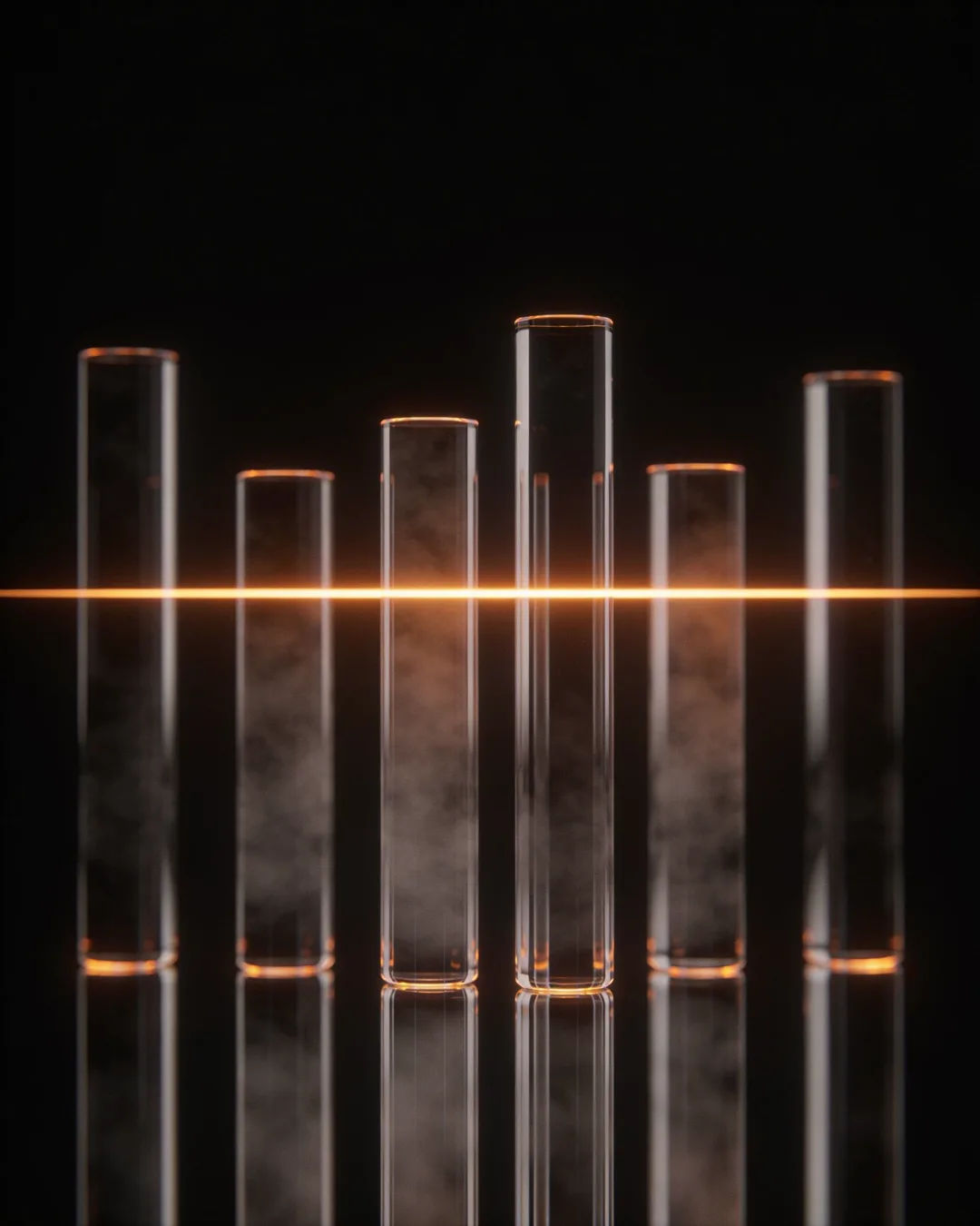 Glass columns of different heights with a glowing limit line