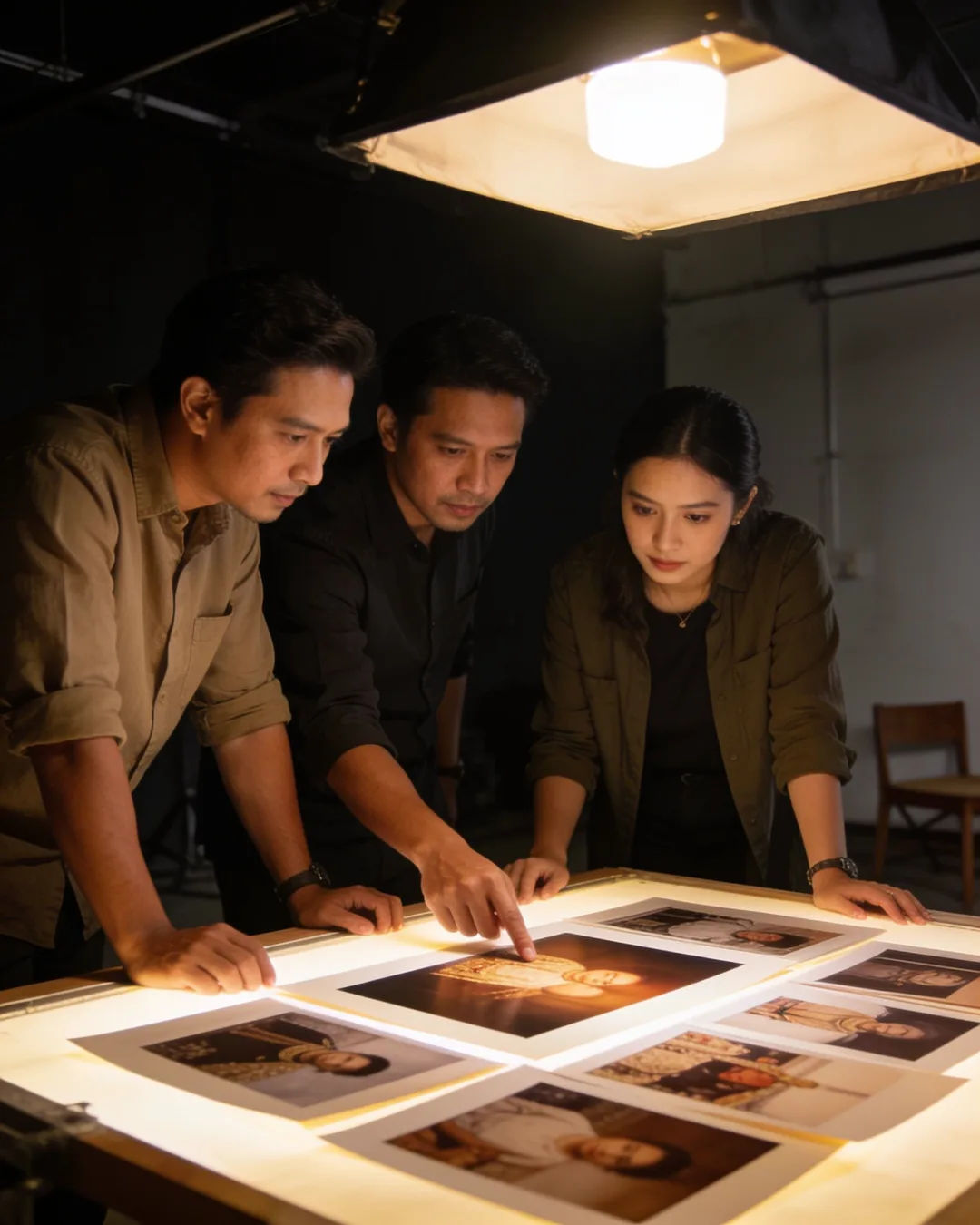 A Javanese Indonesian production team reviewing printed frames on a lit table