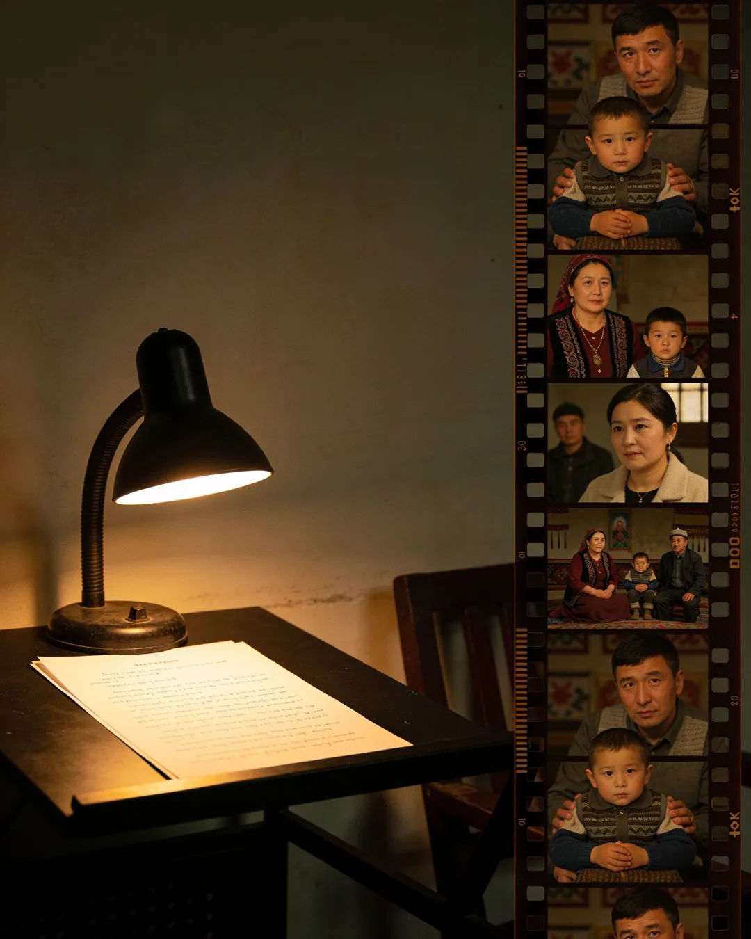 A screenplay page under a desk lamp beside a strip of film frames from a Kazakh family drama
