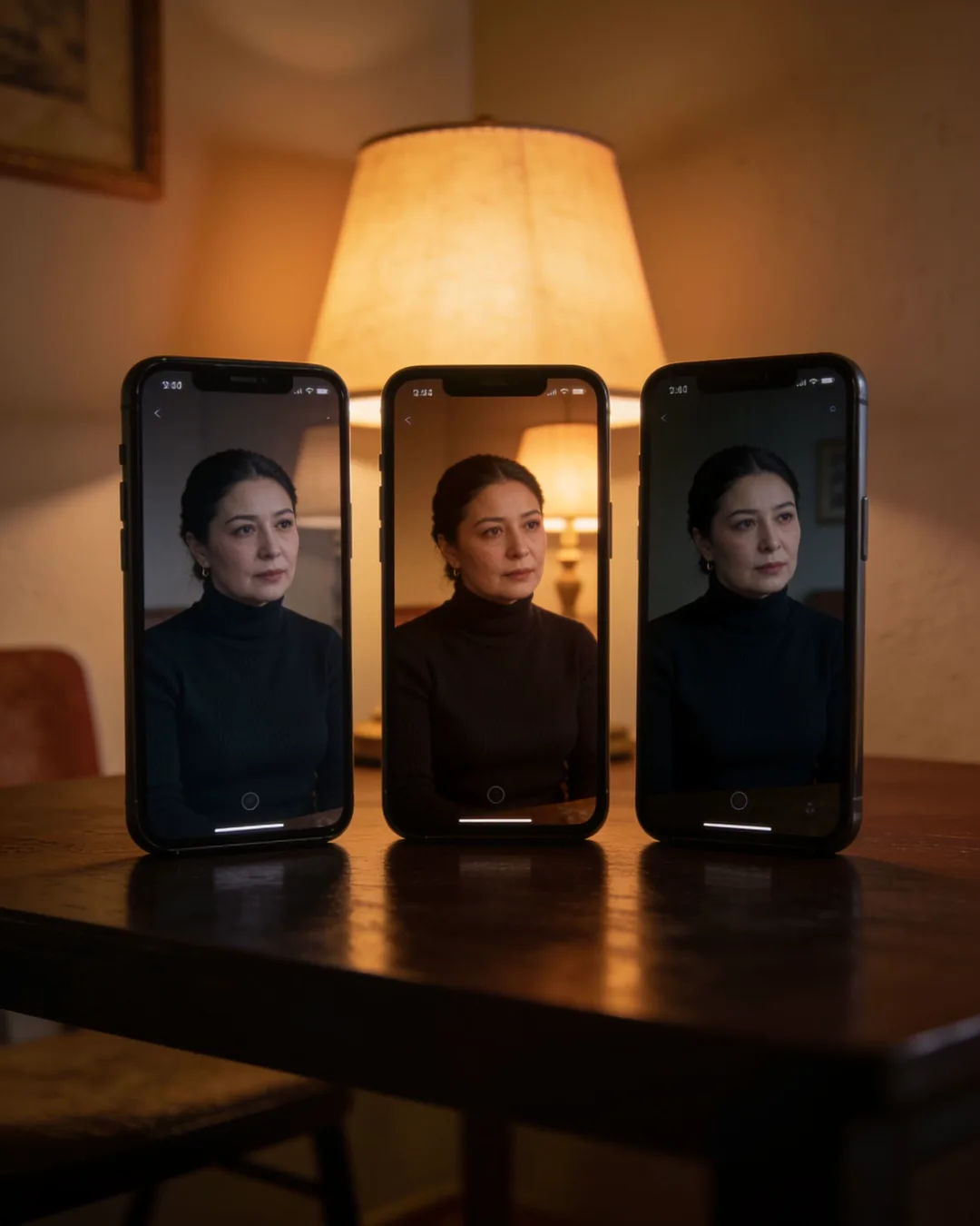 The same Kazakh woman in a dark turtleneck on three vertical phone screens
