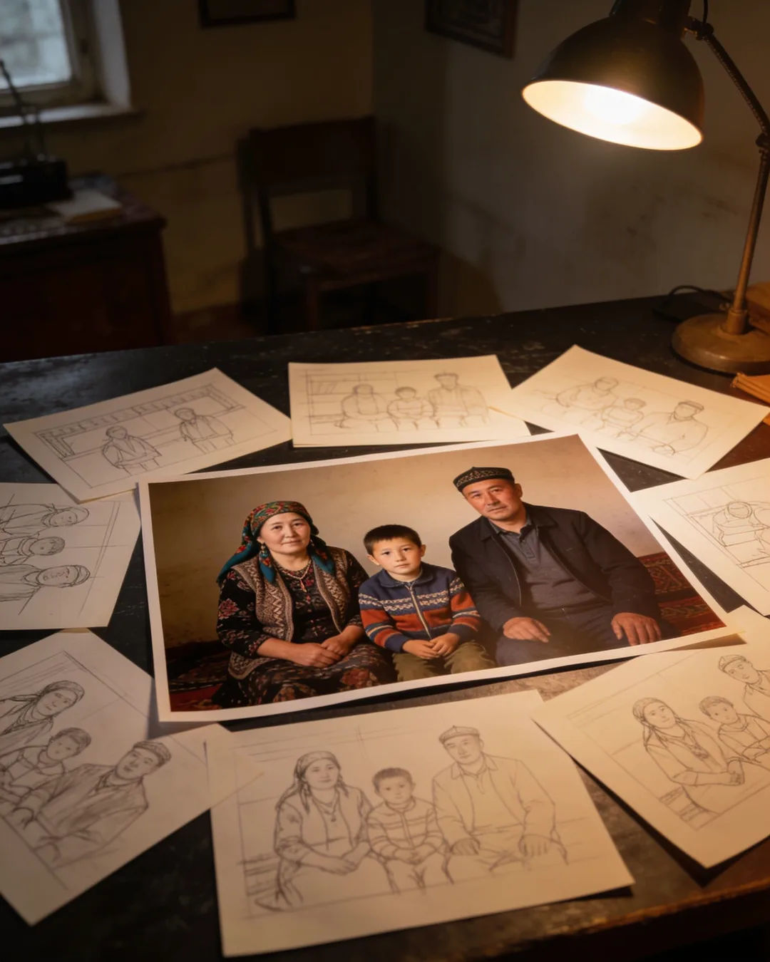 Pencil storyboard sketches around a finished photo of a Kazakh family scene