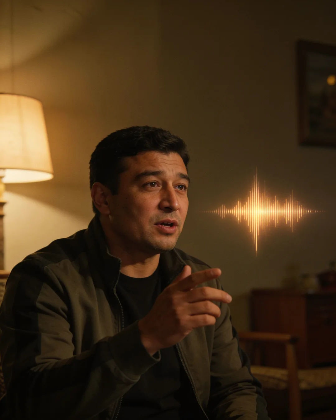 A Kazakh man speaking at home at night, a sound waveform beside him