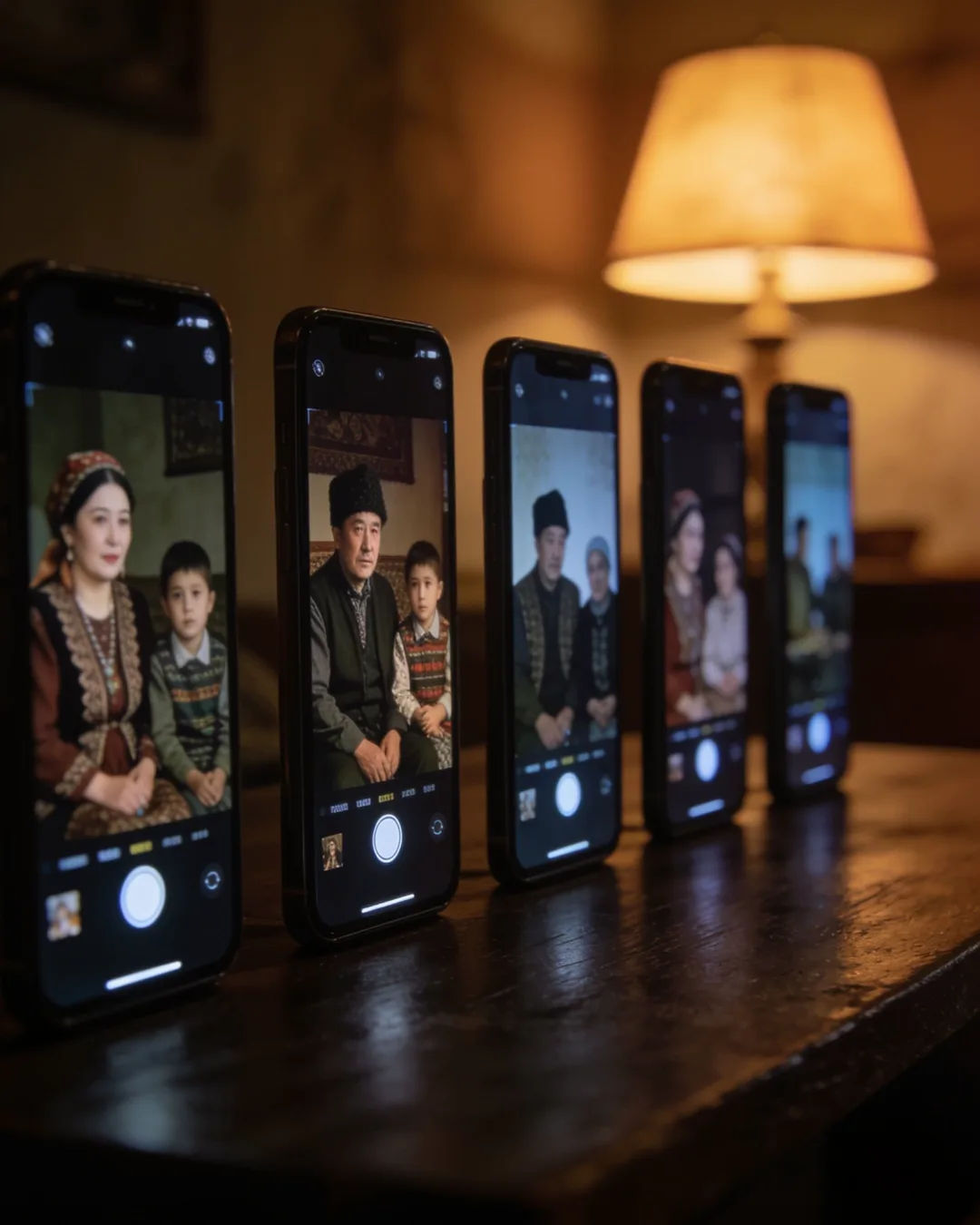 A row of phones showing episodes of the same Kazakh drama series