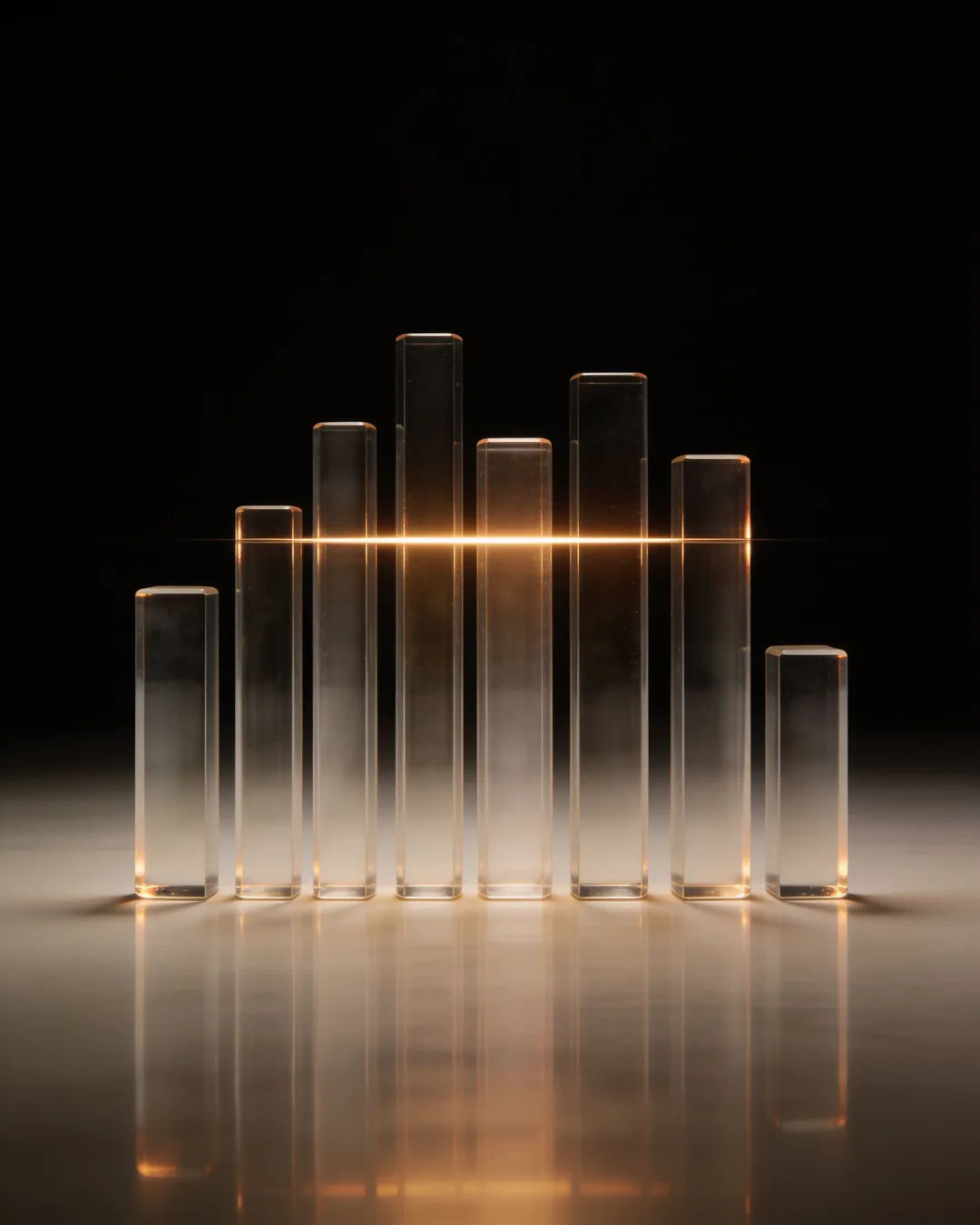 Glass columns of different heights with a glowing limit line