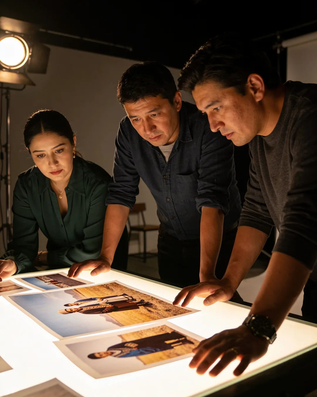 A Kazakh production team reviewing printed frames on a lit table