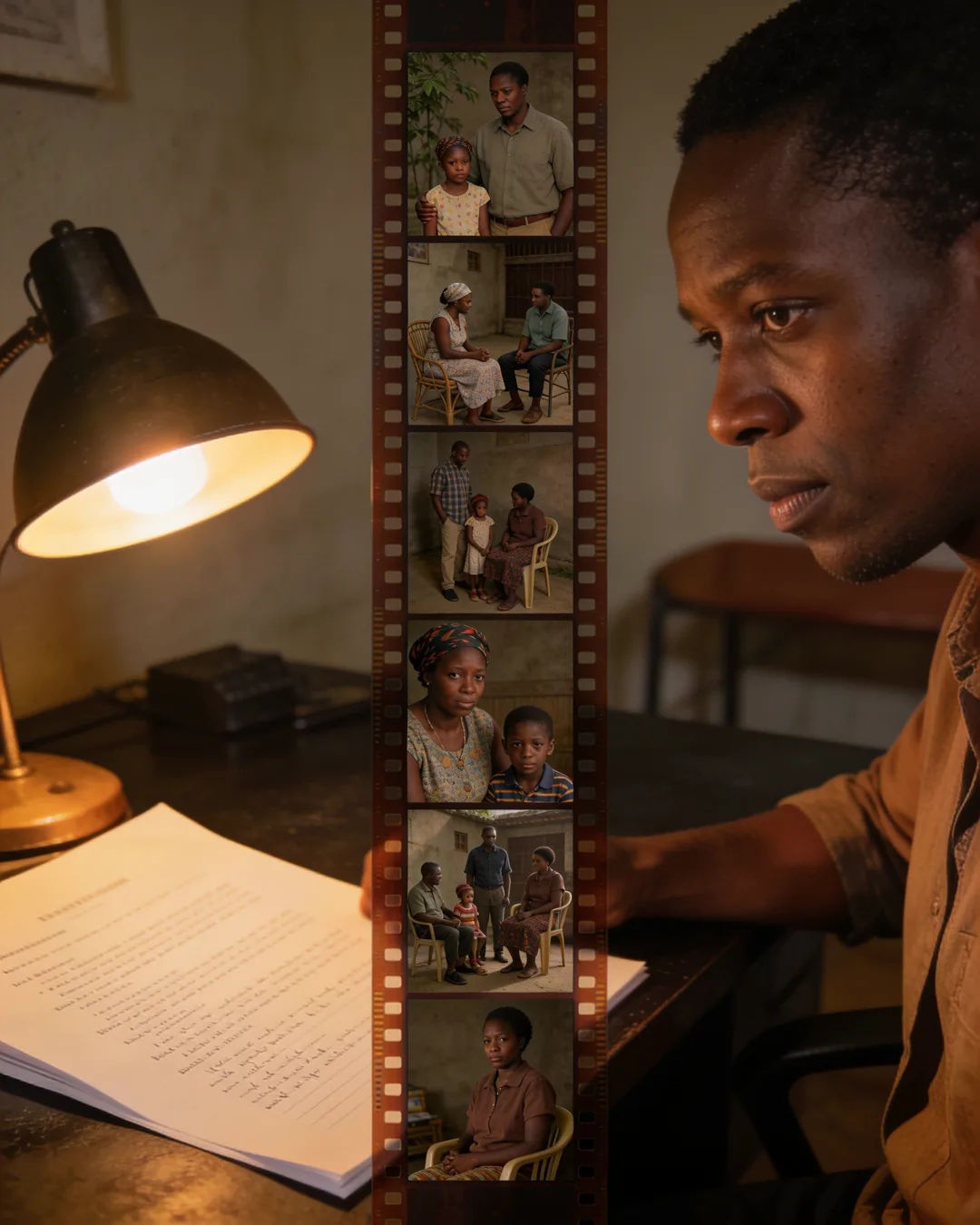 A screenplay page under a desk lamp beside a strip of film frames from a Kenyan family drama
