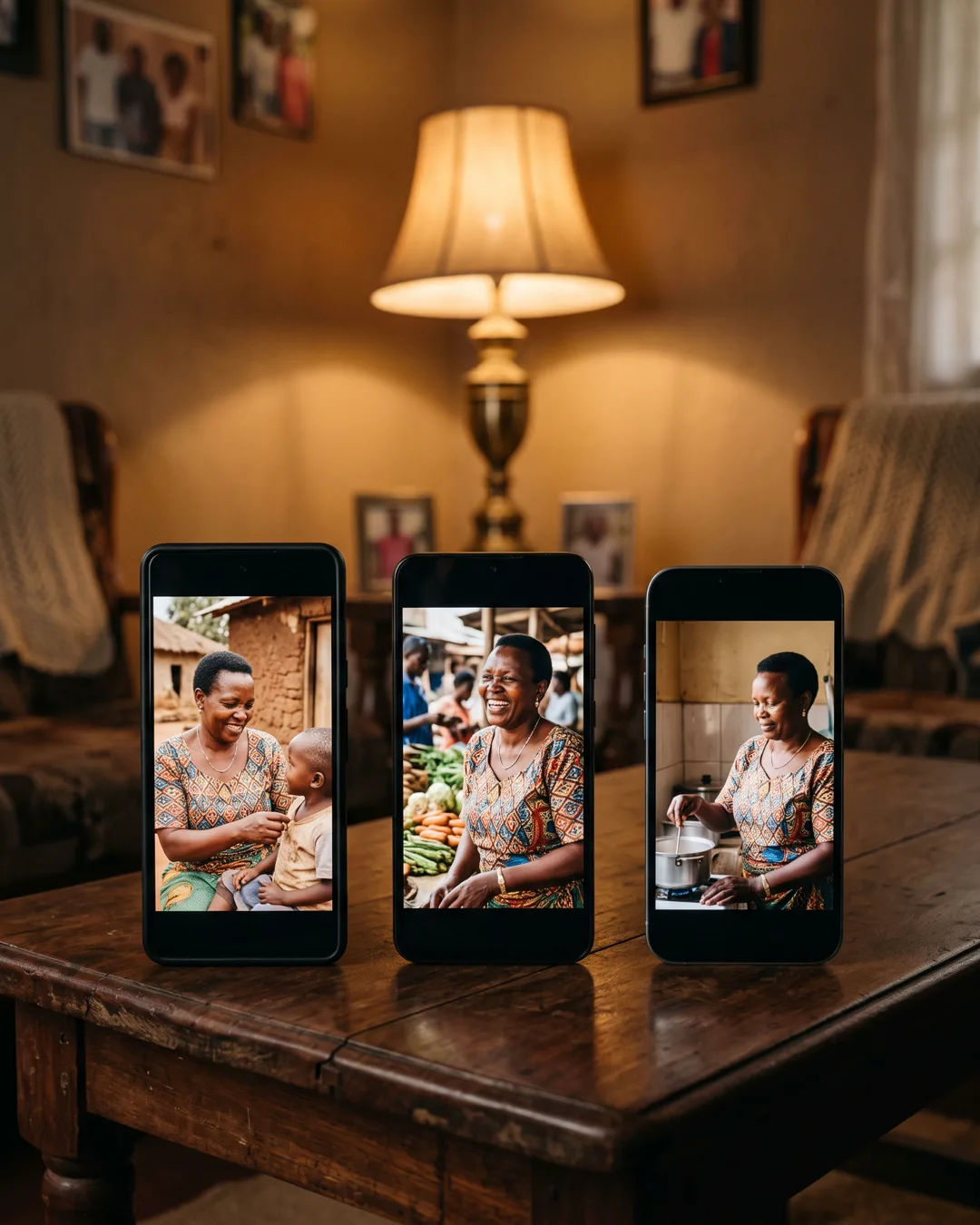 The same Kenyan woman in a simple printed blouse on three vertical phone screens