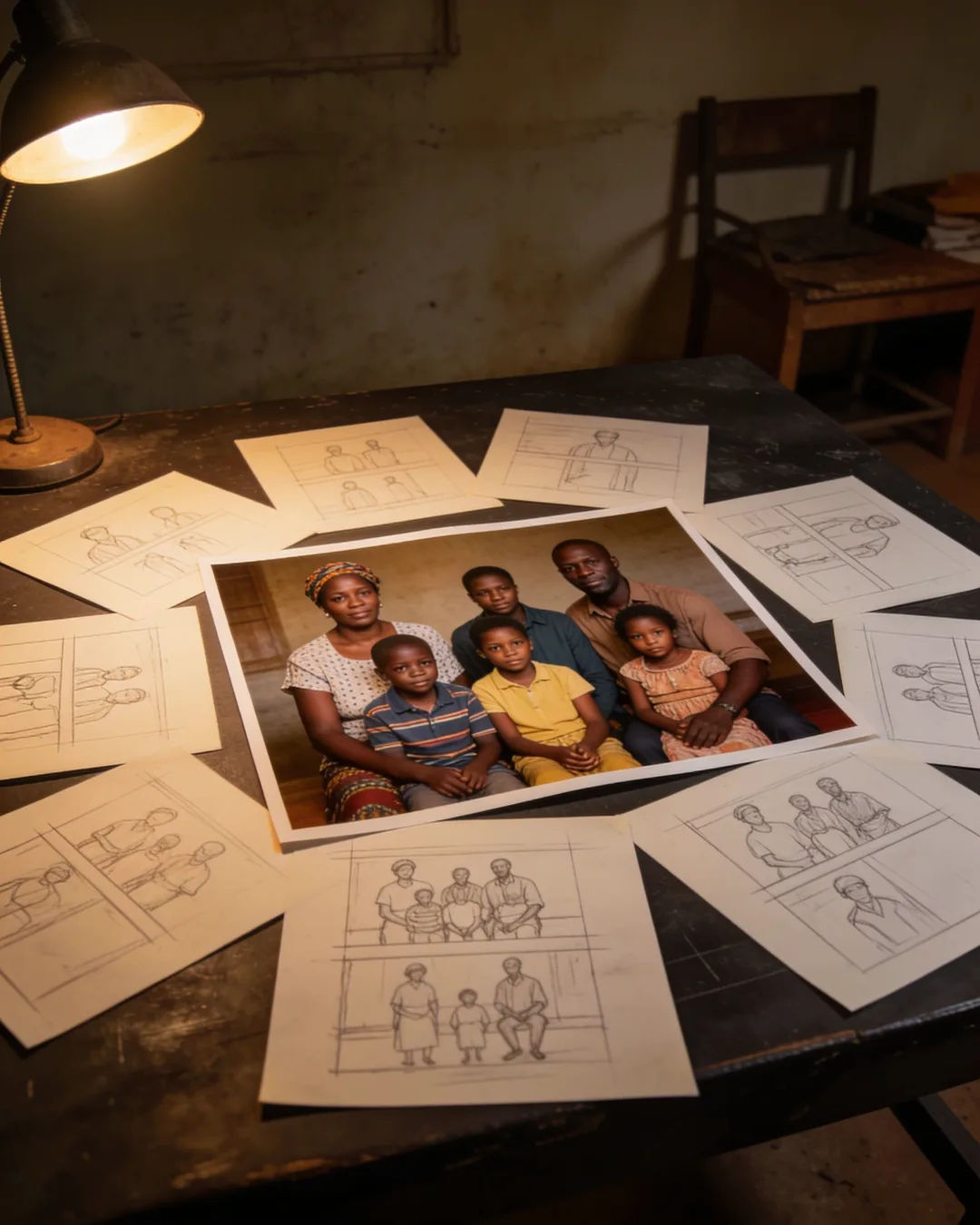 Pencil storyboard sketches around a finished photo of a Kenyan family scene
