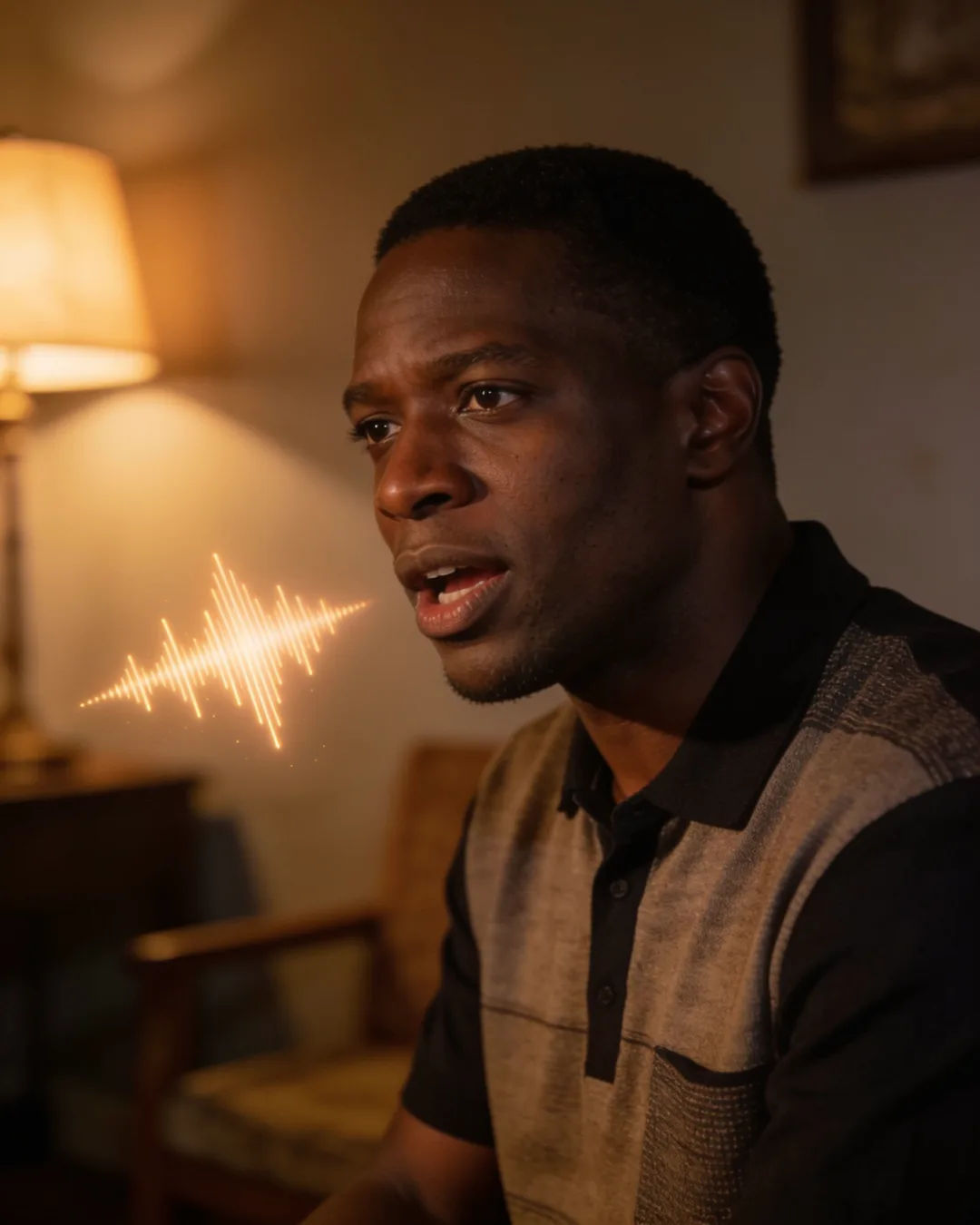 A Kenyan man speaking at home at night, a sound waveform beside him