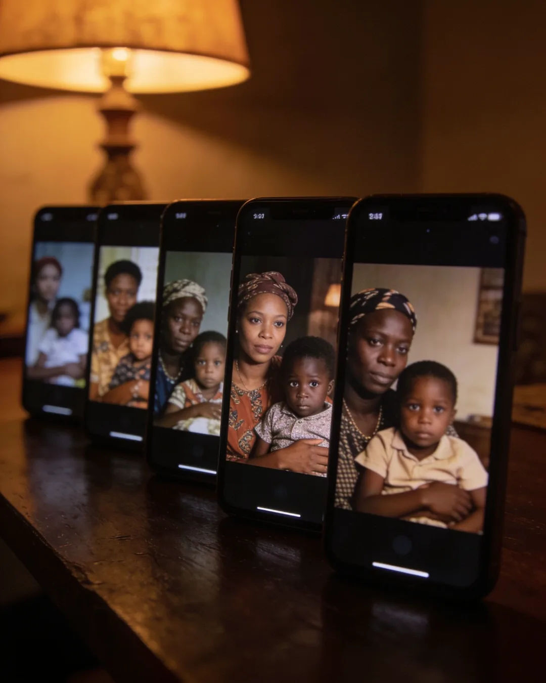 A row of phones showing episodes of the same Kenyan drama series