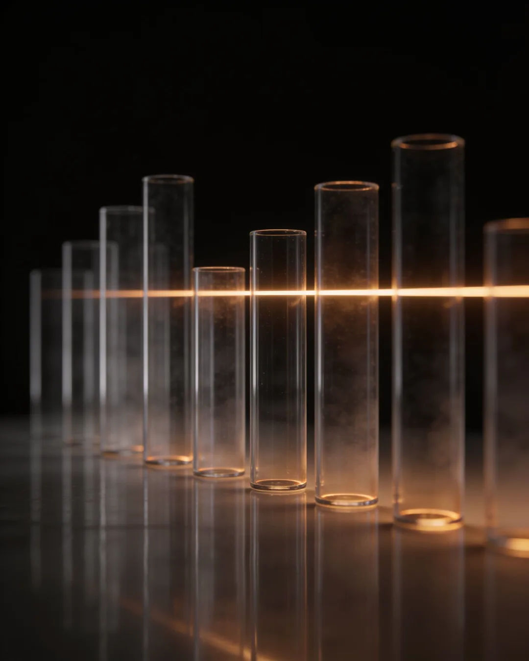 Glass columns of different heights with a glowing limit line