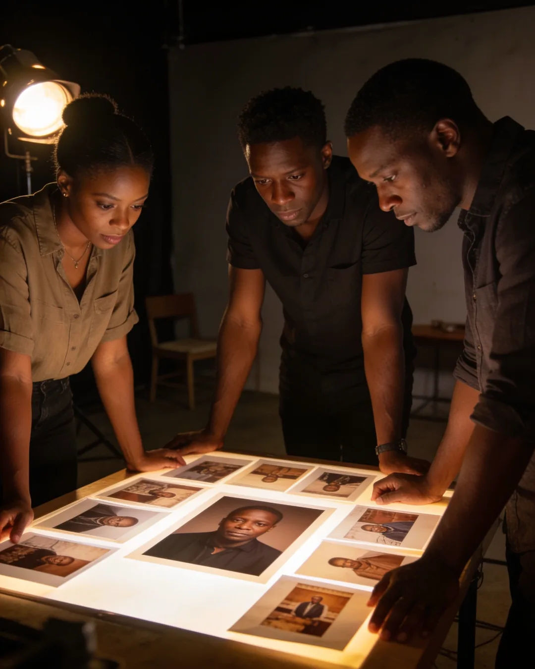 A Kenyan production team reviewing printed frames on a lit table