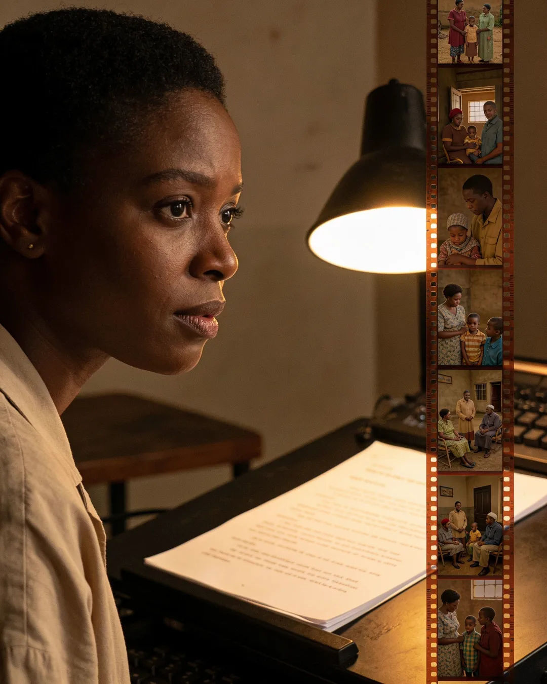 A screenplay page under a desk lamp beside a strip of film frames from a family drama