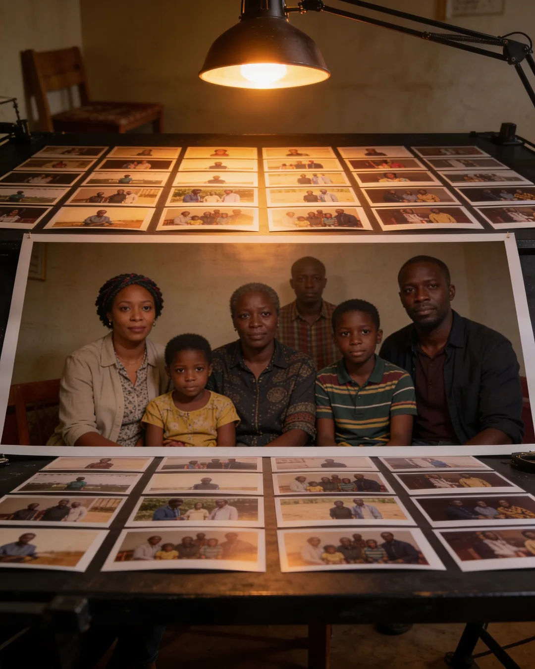Storyboard cards of a Rwandan family drama laid out on a production table