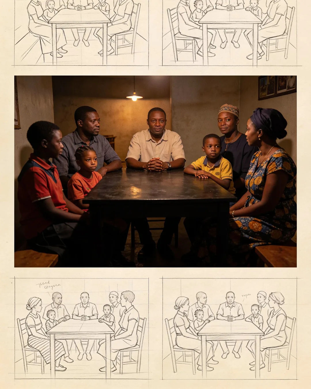Pencil storyboard sketches around a finished photo of a Rwandan family scene